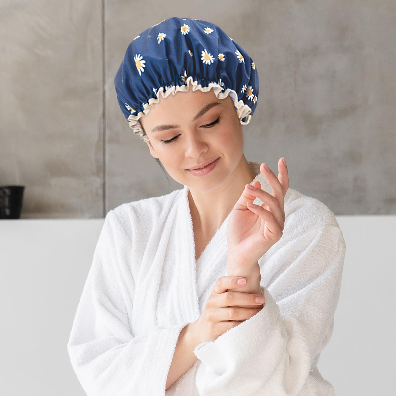 Women'S Double Layer Waterproof Shower Cap with Floral Pattern for Long Short Curly Hair (Blue) image number 5