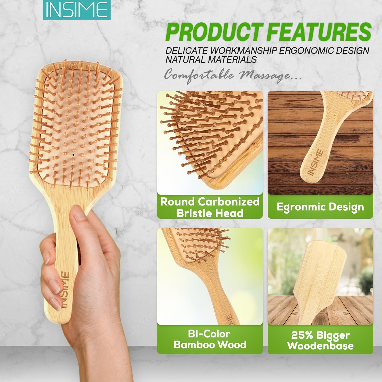 INSIME Bamboo Hair Brush with Bristles | Wooden Paddle Brush for Women & Men | Large Hairbrush image number 5