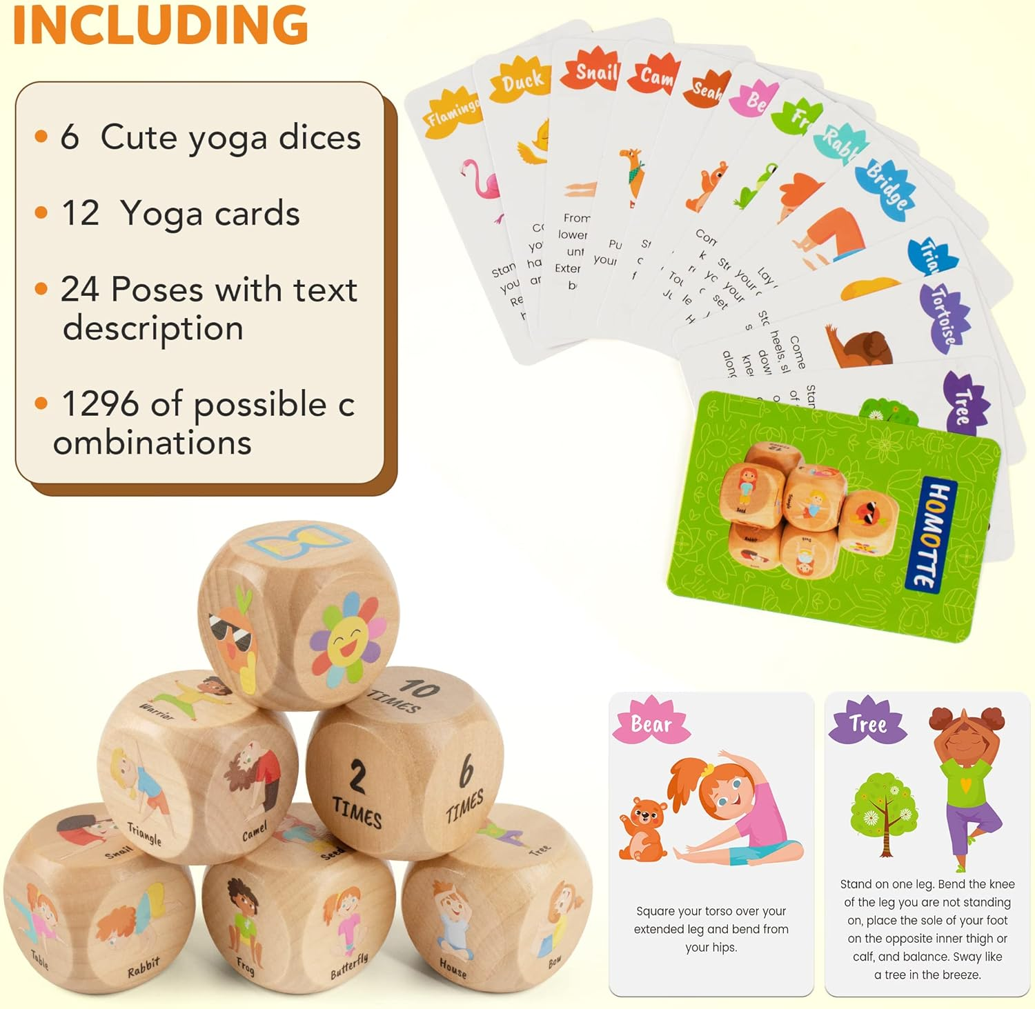 Homotte Wooden Kids' Exercise Dice Set - 6 Dice, 12 Yoga Cards & Gift Box - Fun Workout Game for Girls & Beginners image number 6