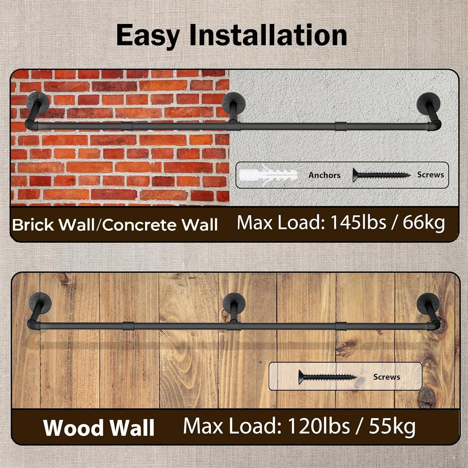 Ulspeed Clothes Rack, 60In Wall Mounted Industrial Pipe Clothing Rack, Space Saver Hanging Clothing Rack, Heavy Duty Garment Rack, 1 Pack image number 4