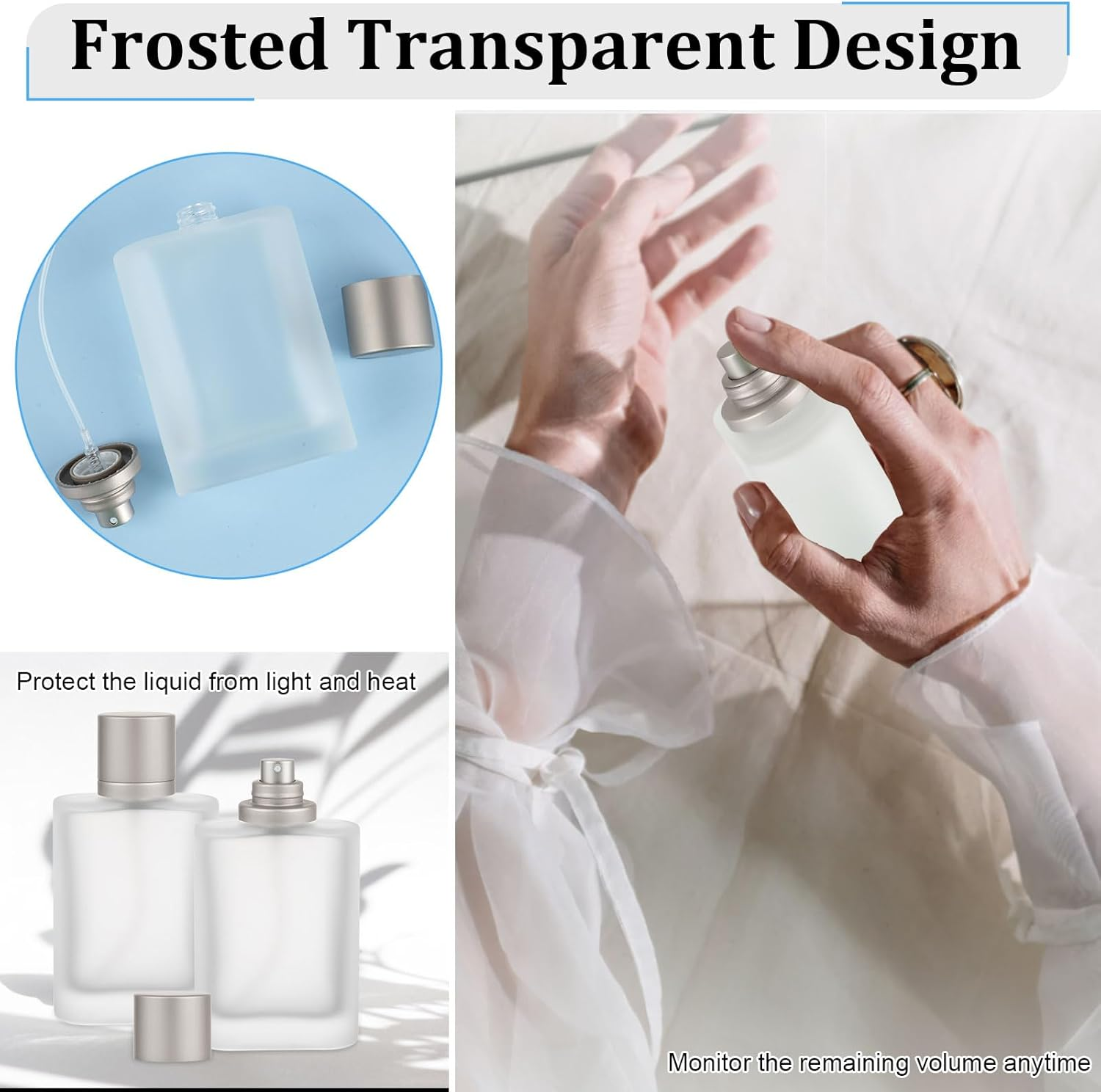 Pack of 2 Empty Perfume Bottles, 100 Ml, Perfume Bottle for Filling, Matte Perfume Atomiser, Spray Bottle, Perfume Refillable with Dropper, Funnels, Perfume Glass Bottles for Travel Party (Grey) image number 6