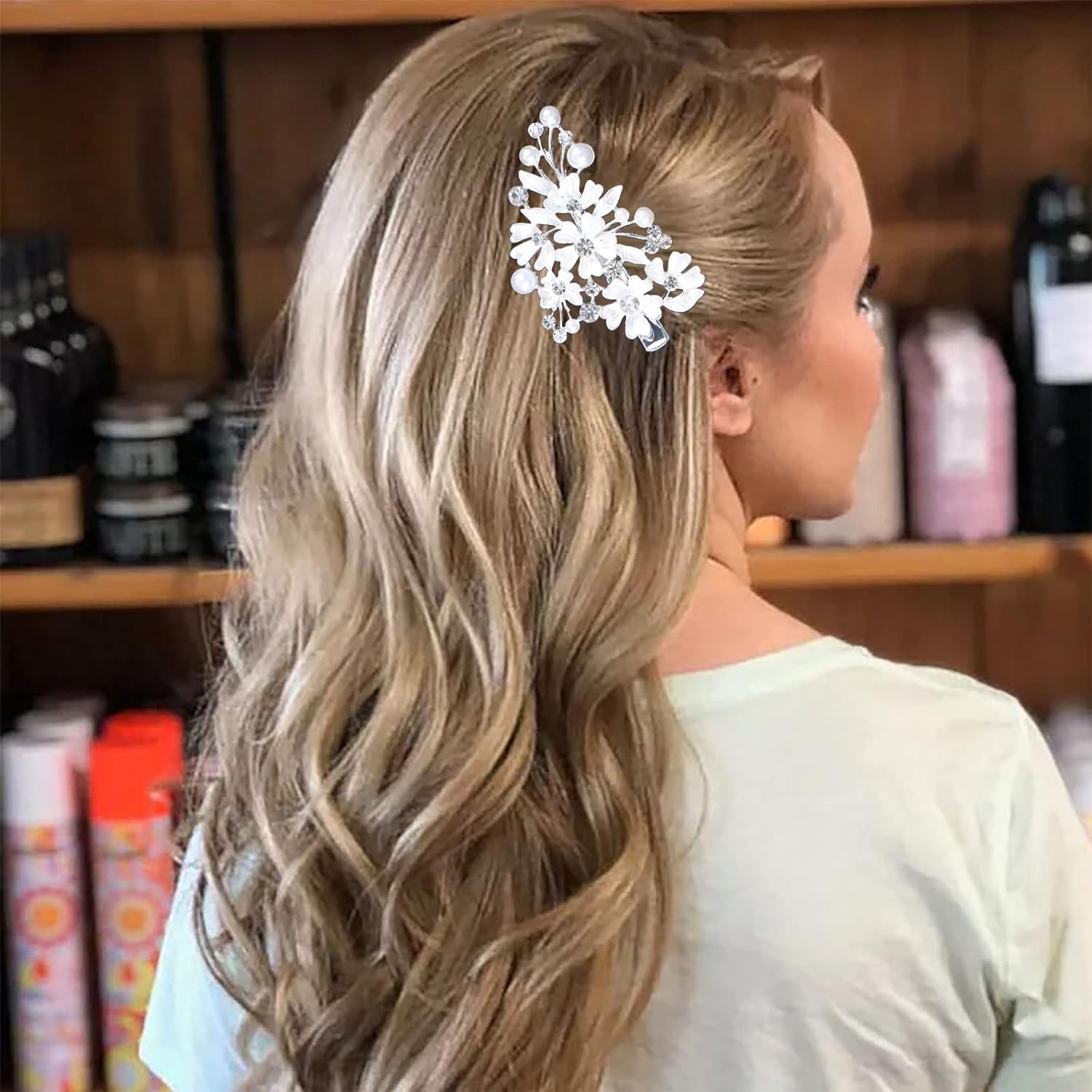 Tseenyi Rhinestone Flower Hair Clip Crystal Rhinestone Barrette Rhinestone Pearl Hair Clip Hair Pins Shiny Bridal Crystal Head Clip Hair Clip Silver Rhinestone Barrette Headpiece for Women and Girls image number 2