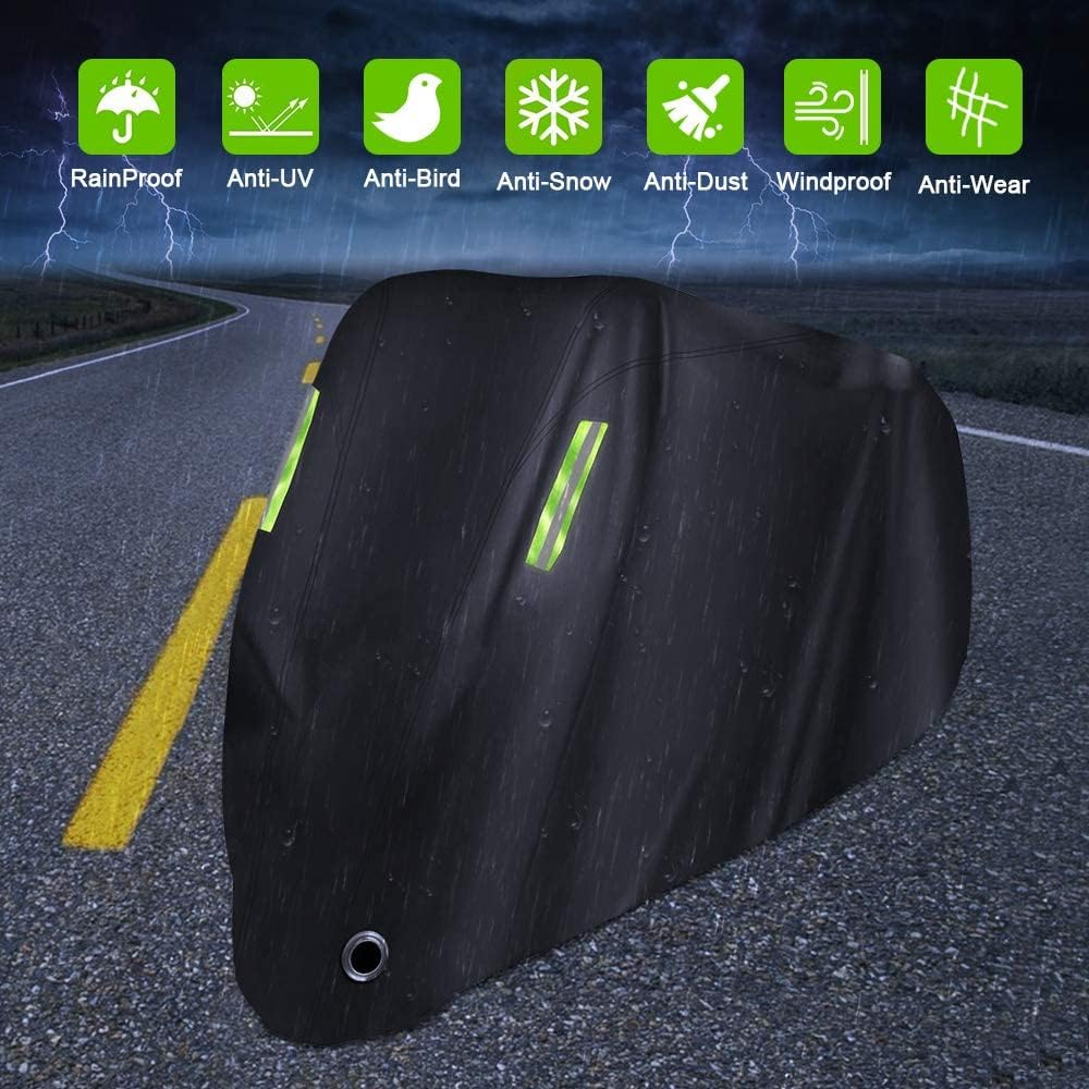 Motorcycle Cover All Season,Universal Weather Durable Quality Waterproof Sun Outdoor Protection Scooter Shelter Tear Proof Night Reflective & Lock-Holes Storage Bag Fits up to 104" Motorcycles Vehicle image number 6
