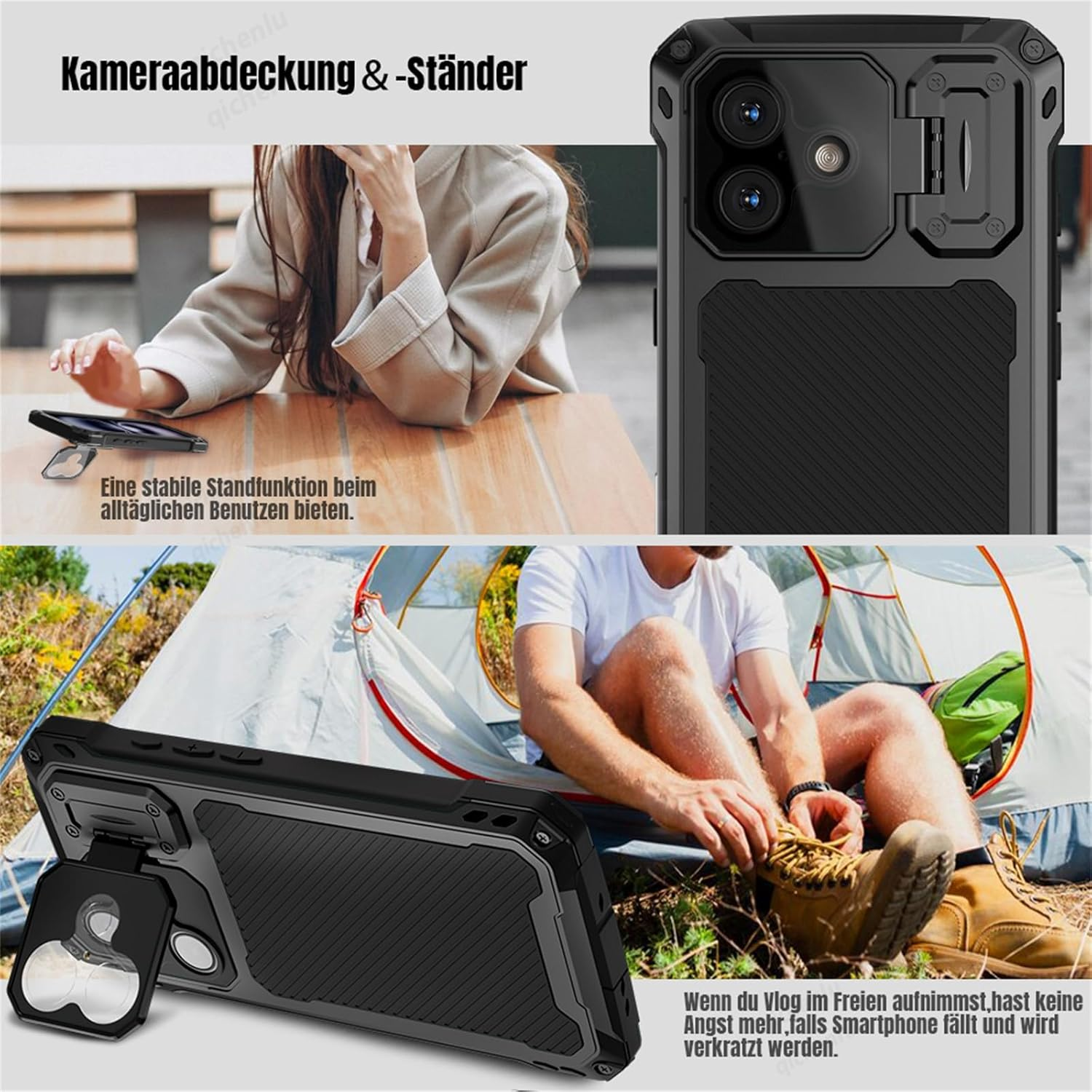 Qichenlu Extremely Lightweight Aluminium Outdoor Case for Iphone 16 Pro Max, Compatible with Magsafe, Magnetic 360 Degree Case with Covered Camera Button, Display Glass, Camera Protection Stand, Blue image number 2