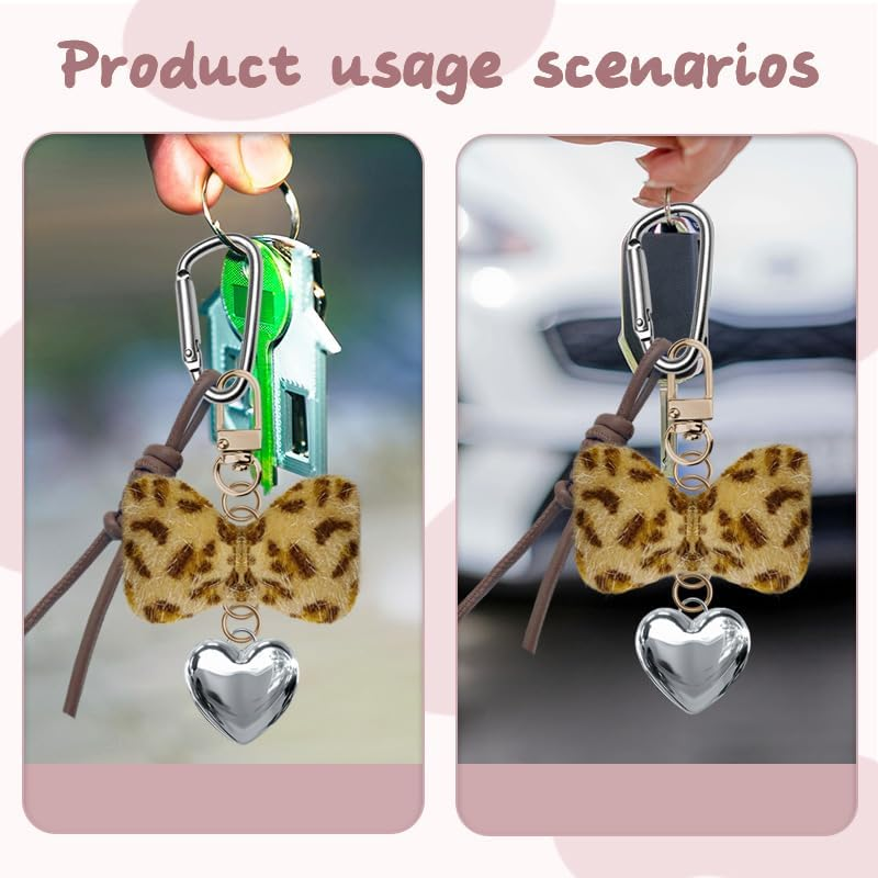 Leopard Bow Keychain Accessories Y2K Heart Bag Charms for Handbags Tote Bag Fluffy Bow Charms for Purse Leopard Print Fuzzy Charms for Girls Women Vintage Y2K Silver Heart Keychains for Car Keys image number 2
