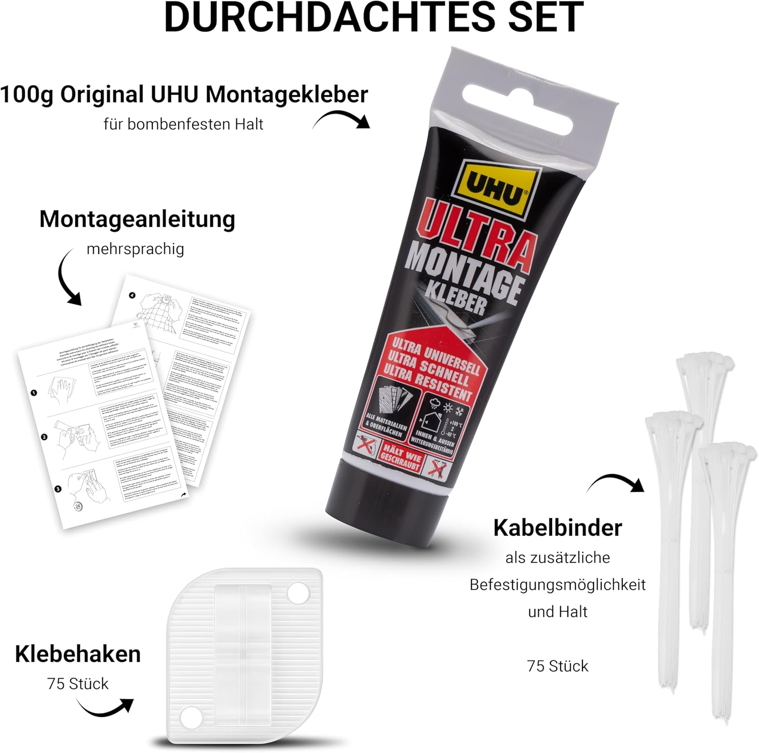 Finopet 75 X Adhesive Hooks and 100 Ml Mounting Adhesive and 75 X Cable Ties, Cat Net Attachment, Adhesive Hooks, Cat Net for Balcony, No Drilling, Cable Holder, Self-Adhesive, Cable Clips image number 2