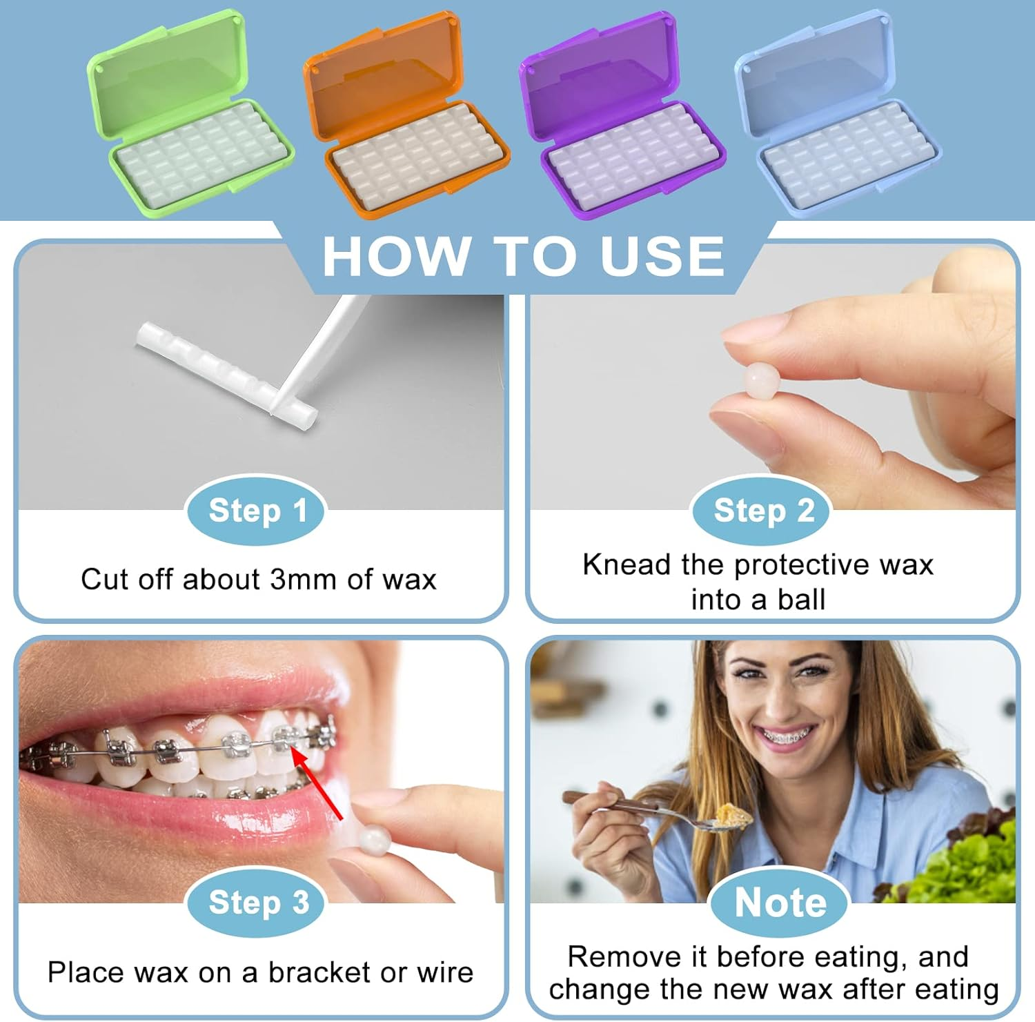 ARGOMAX Orthodontic Wax for Braces - Food Grade Dental Wax with Colorful Storage Box, 10 Packs (50 Strips) for Braces Wearers image number 1