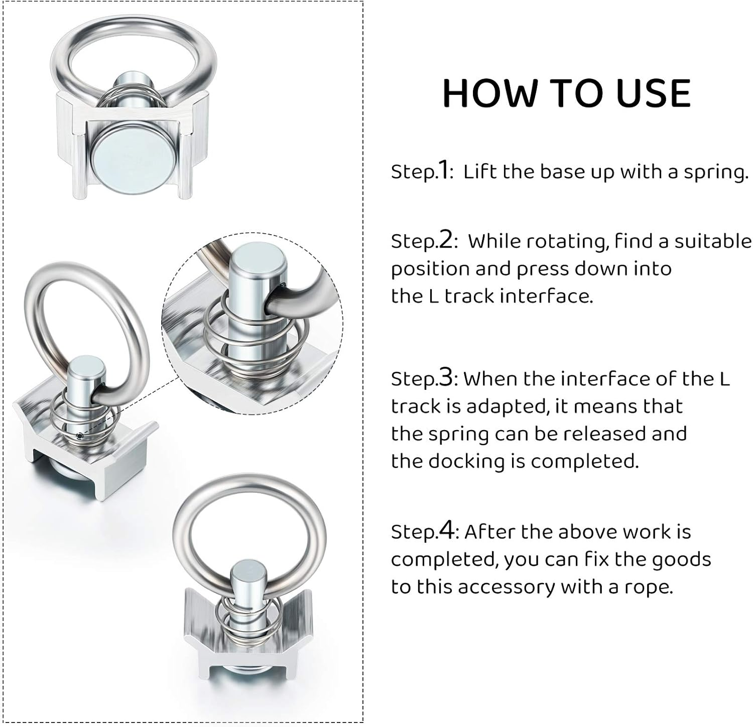 Hotop, Single Stud Fitting L Track 4,000LB Capacity with Stainless Steel round Ring Aluminum Keeper Cargo Control for Airline Track Logistic Installation (10 Pieces) image number 2