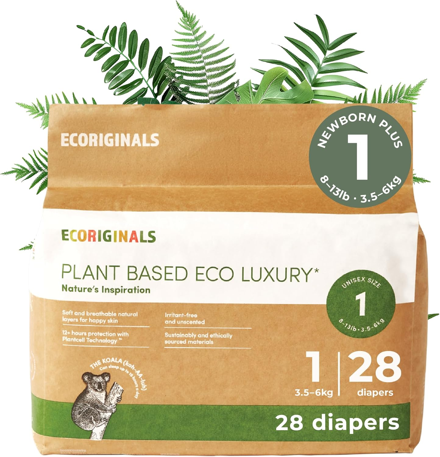 Ecoriginals - 28 Eco Newborn plus Nappies - Baby Nappies Size 1 with 100% Plant-Based Layers, Disposable & Hypoallergenic Baby Essentials for Newborn - Secure Fit Baby Nappies (3.5-6Kg), 1 Pack