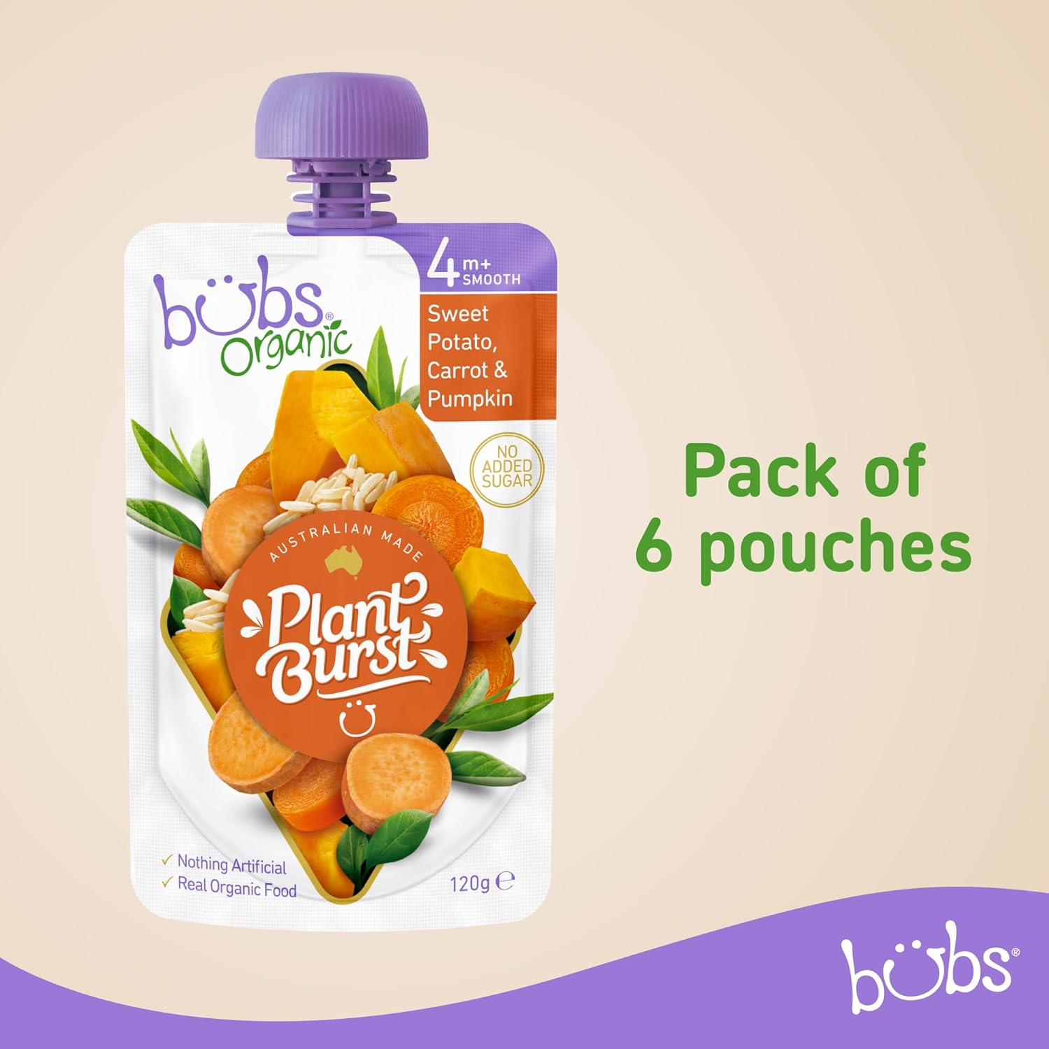 Bubs Organic Sweet Potato, Carrot & Pumpkin Pouch, 4+ Months Baby Food, Veggie Puree Snack, No Added Sugar, 120G (Pack of 6 Pouches) image number 1