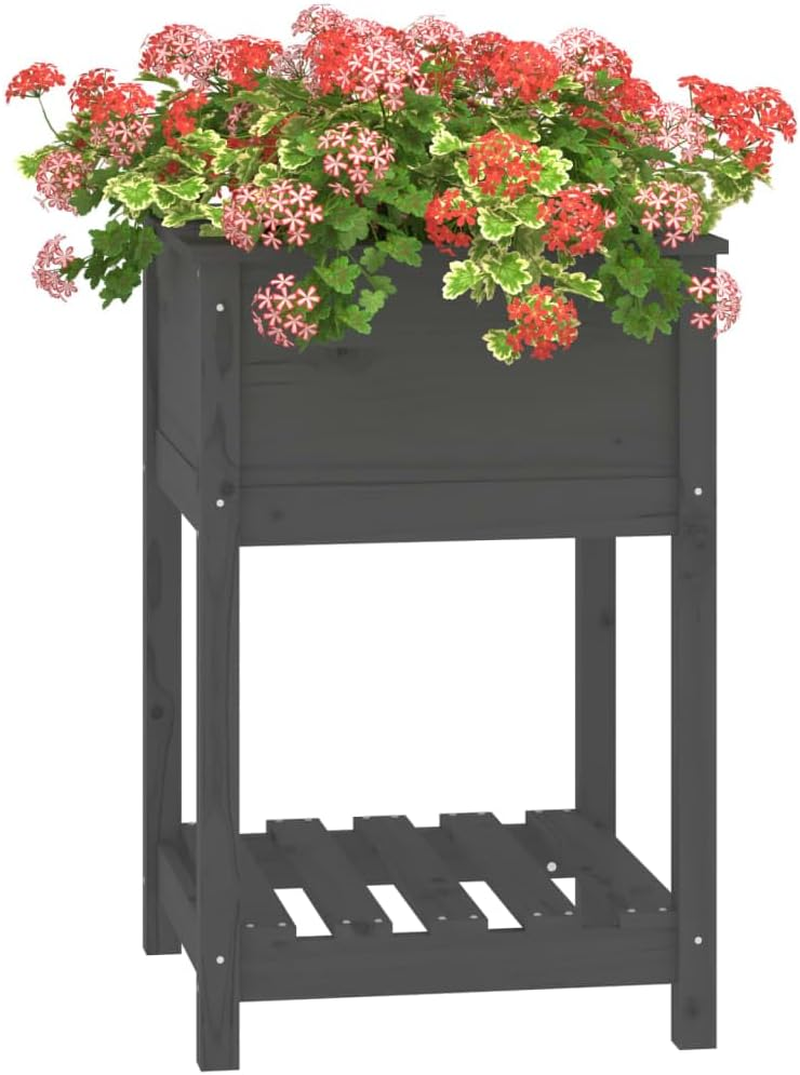 'Vidaxl Gray Solid Pine Wood Planter with Shelf, Square Garden Pot with Ample Planting Space - 54X54X81 Cm image number 4