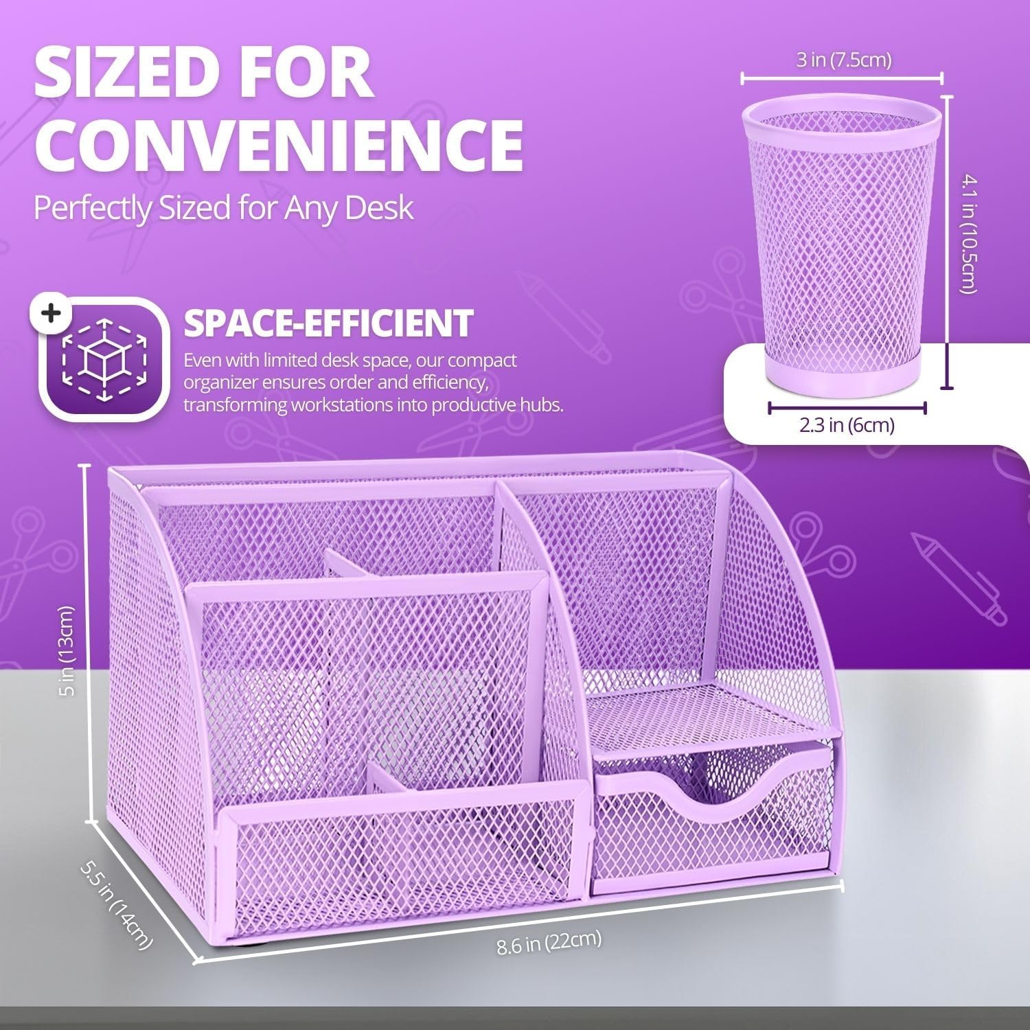 Flexzion Metal Mesh Office Supplies Organizer Caddy with 6 Compartments, Drawer and Pen Holder - Purple Desk Accessories Set for Women, Men, Students