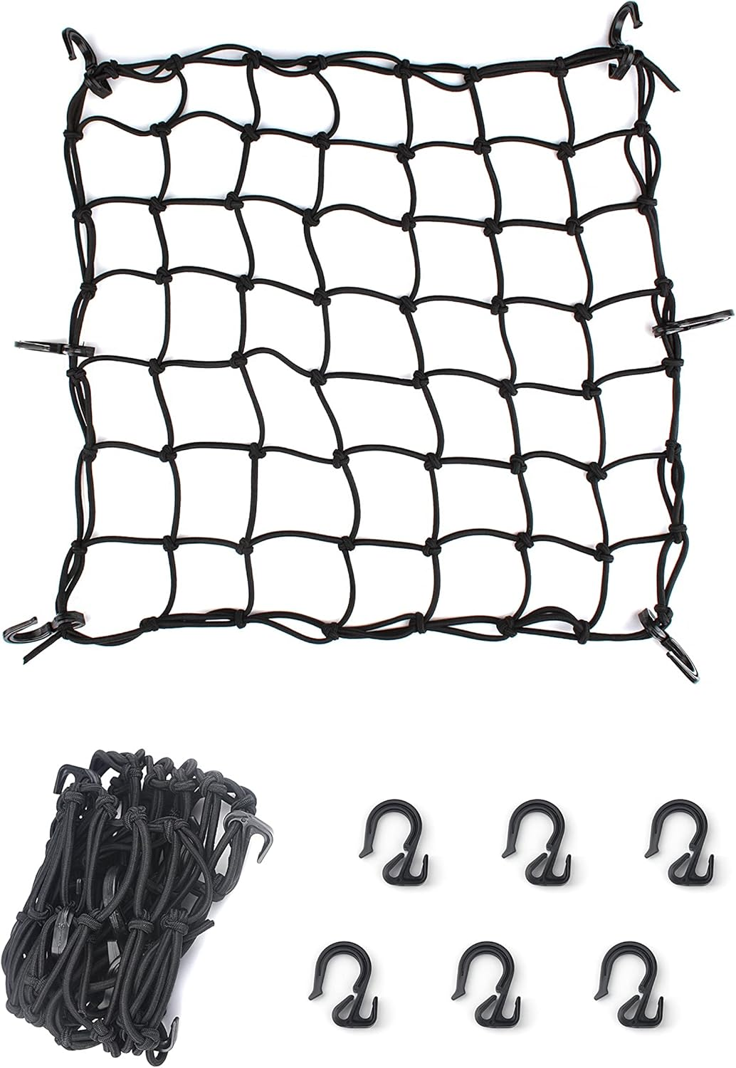 2 Pack Black Cargo Nets, Heavy Duty Latex 17"X17" Bungee Net Stretches to 34"X34", Gear Helmet Luggage Net with Tight 2.3"X2.3" Mesh & 12 Adjustable Plastic Hooks for Motorcycle, Bike, ATV image number 3