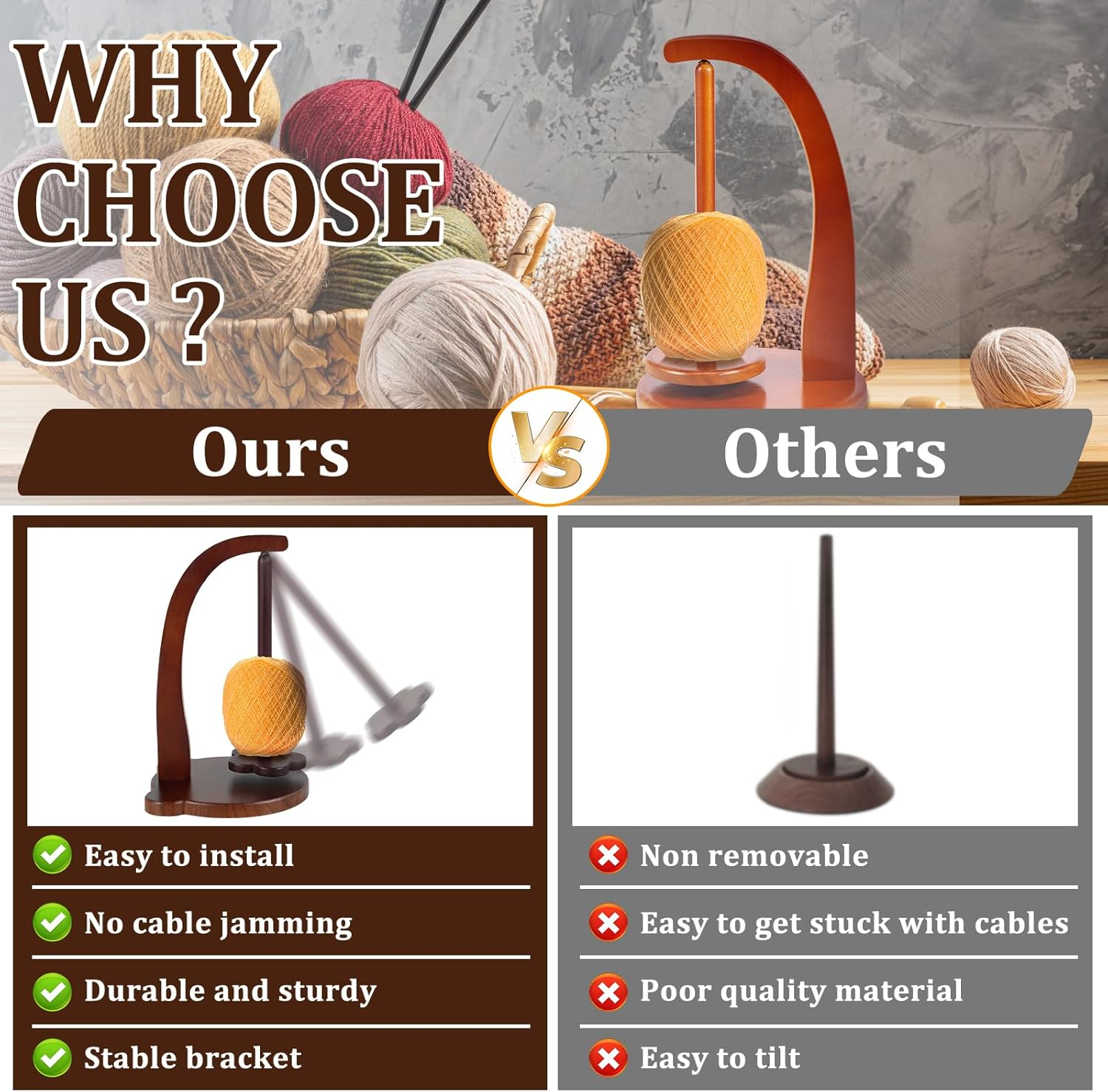 Wooden Yarn Spinner, Yarn Holder for Knitting and Crocheting, Sewing Spindle Thread Holder for Crochet Well, Girls, Women (Vintage Color) image number 6