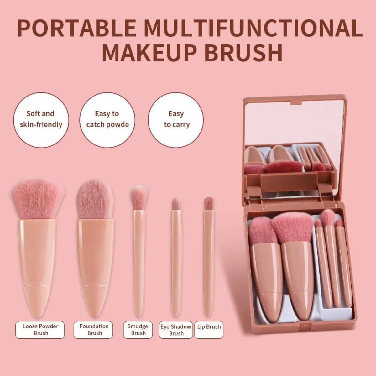 5 Pcs Makeup Brushes Set, Portable Travel Small Makeup Brushes with Brush Case Built-In Mirror, Cosmetics Brushes for Eyeshadow, Powder, Foundation image number 1