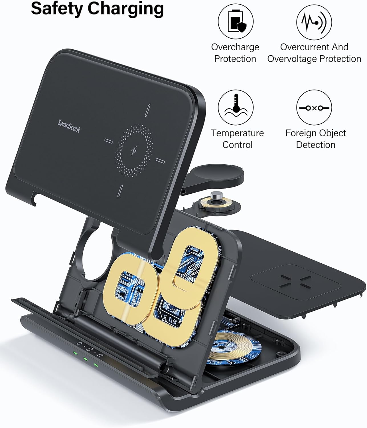 Swanscout Wireless Charger for Samsung Z Fold 7/6/5/Pixel 9 Pro Fold, 3 in 1 Foldable Wireless Charging Station for Samsung Z Fold, Galaxy Watch 7/Ultra/6/5, Galaxy Buds 3, Swanscout 705S image number 3