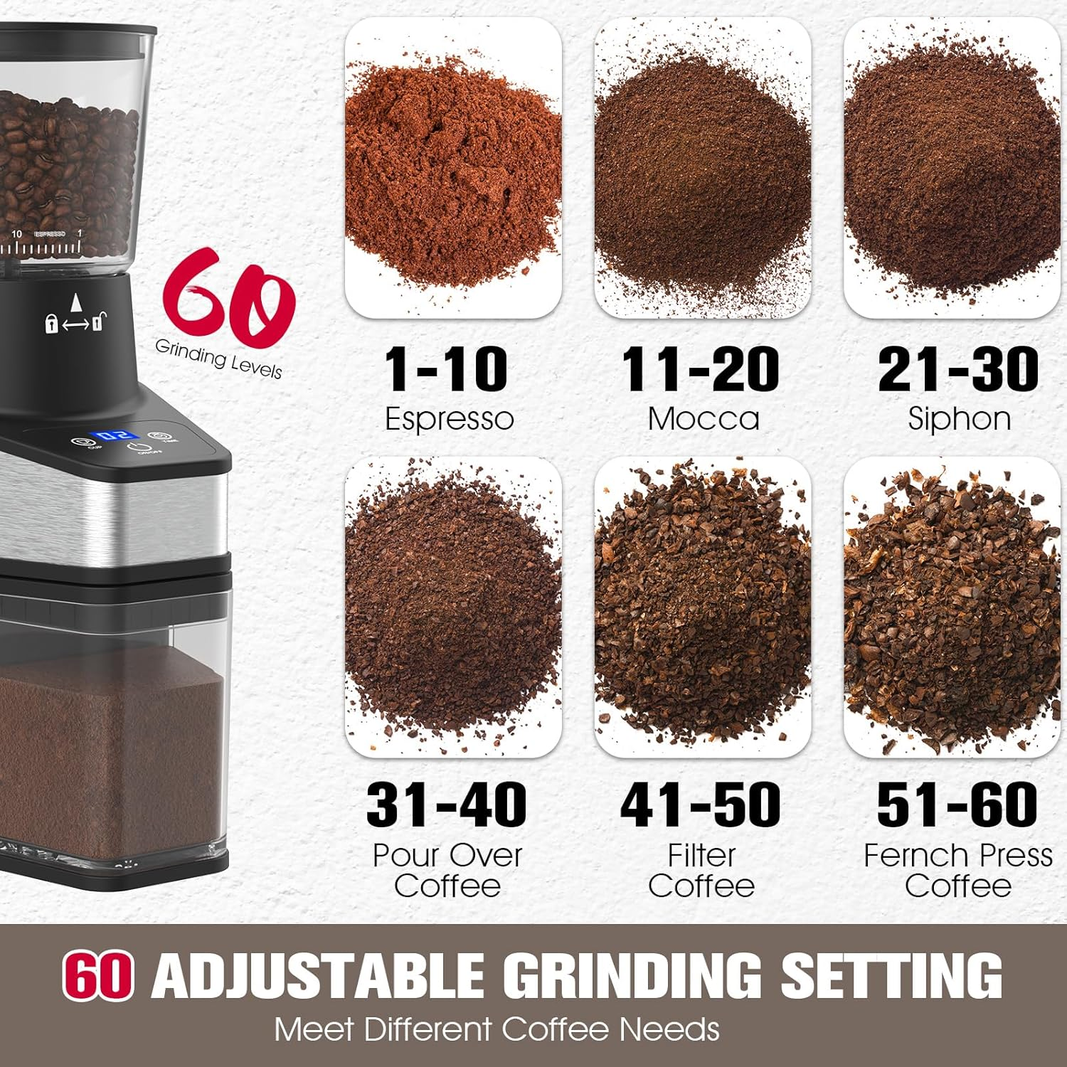 Cobuy Burr Coffee Grinder Electric W/Adjustable Settings for Precision Coffee Bean Grinding (18 Cup) Automatic Burr Mill (150W) Stainless Steel Coffee Maker image number 6