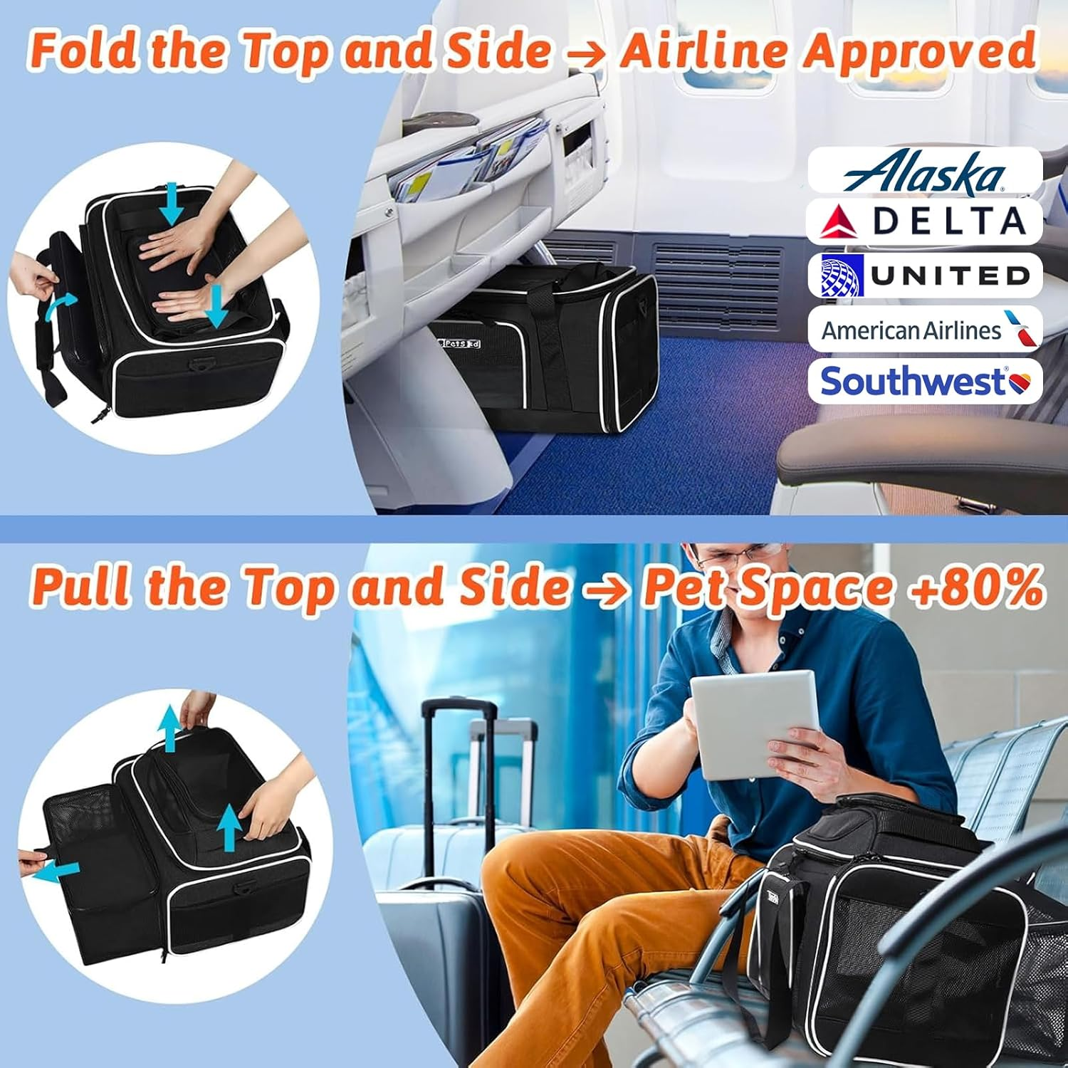 Petskd Top and Side Expandable Pet Carrier 17X11X9.5 Southwest Alaska Airline Approved, Soft Small Dog Cat Carrier for 1-10 LBS Pets with Locking Safety Zipper and Anti-Scratch Mesh(Black) image number 4