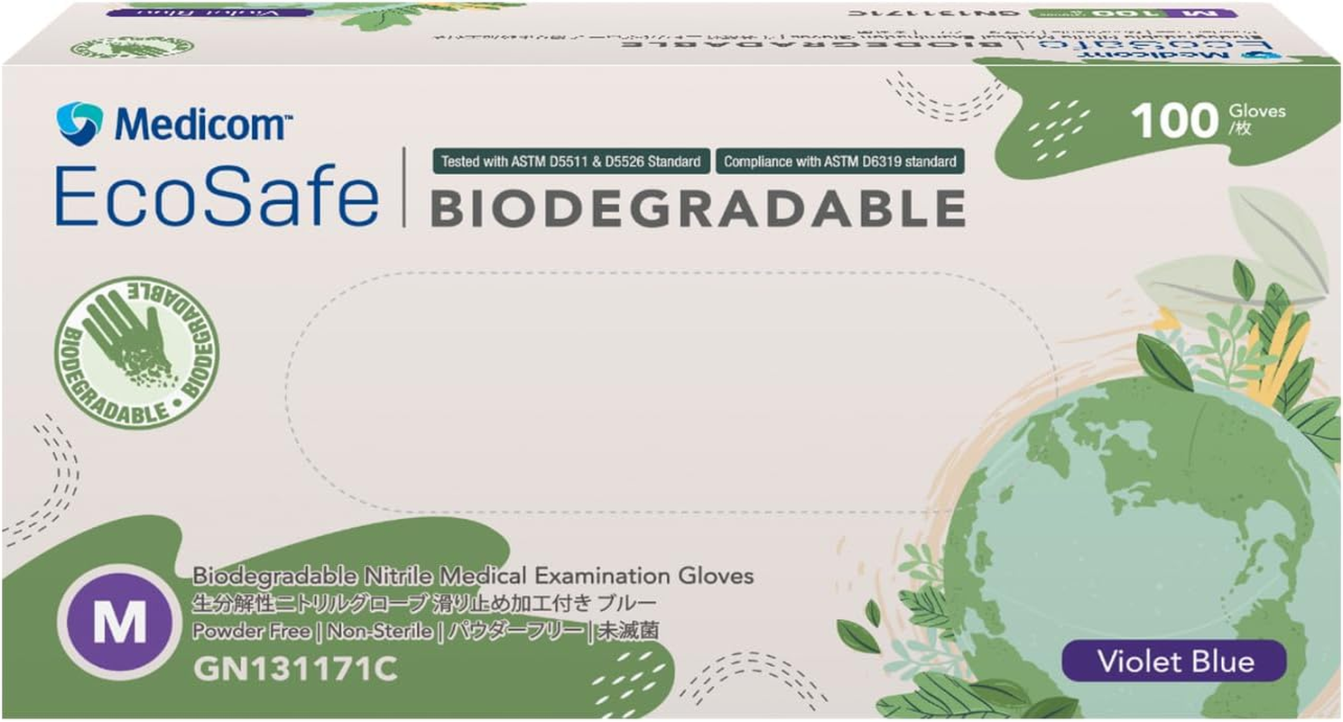 Medicom Ecosafe Biodegradable Nitrile Gloves &ndash; Medium &ndash; 100 Pack &ndash; Powder-Free, Latex-Free &ndash; Medical Grade &ndash; Perfect for Cleaning, Food Prep & Everyday Use image number 1