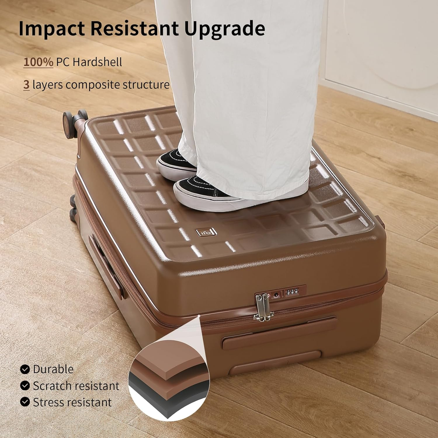 AJI Carry on Luggage 22X14X9 Airline Approved with 8 Spinner Wheels, 20 Inch Lightweight Luggage, 100% PC Hard Shell Travel Luggage Suitcases for Men Women (Chocolate Brown) image number 2