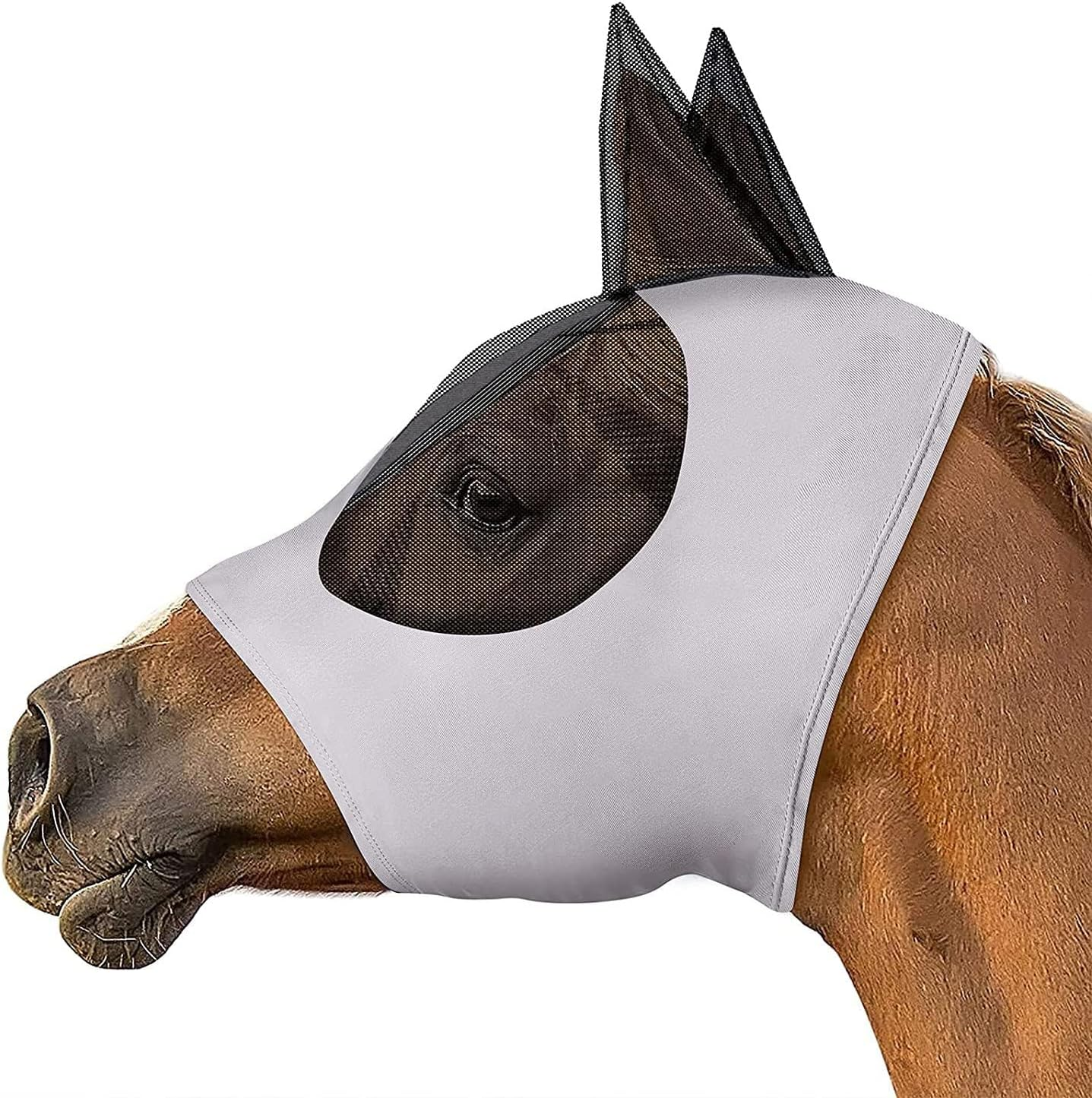 Horse Fly Mask with Ears - Breathable Mesh and UV Protection，Anti Insect Bite and UV Resistant Washable Face Mask (Grey, One Size)