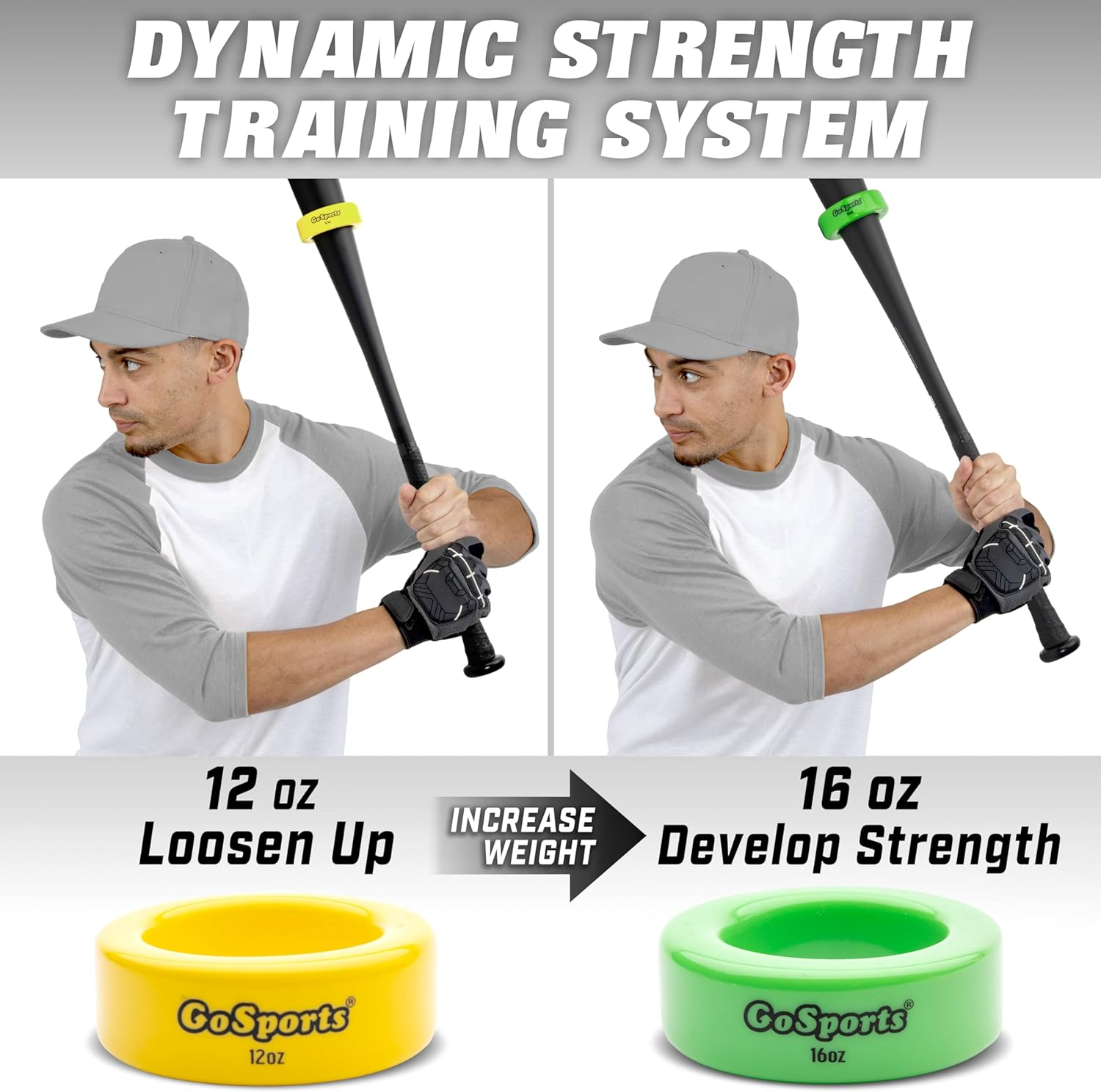 Gosports Baseball and Softball Bat Weights - 2 Pack Baseball Donuts - 16 Oz & 12 Oz image number 1