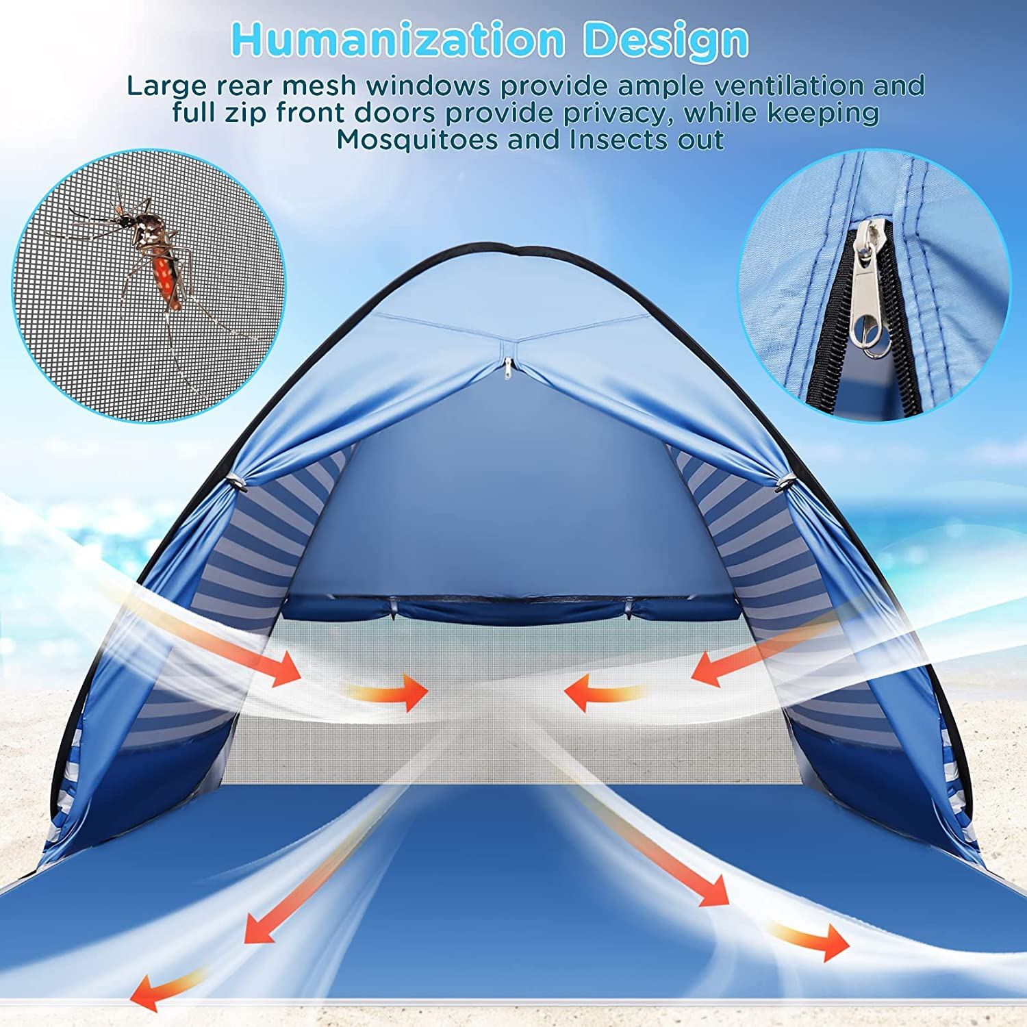 Beach Tents 3-4 Person Pop up Beach Tent Anti-Uv Beach Shade Portable Sun Shelter Foldable Instant Automatic Pop up Tent Easy Set up and Carry Beach Umbrella (Curtain Striped Blue) image number 4