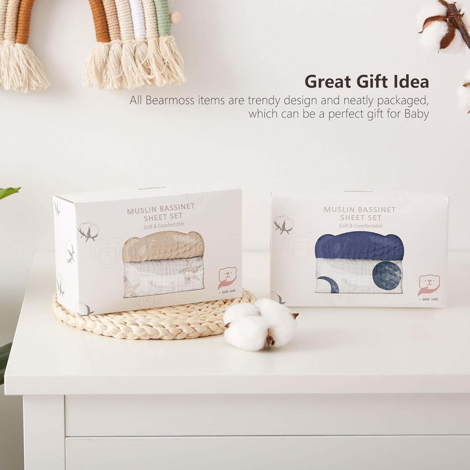 Bearmoss Muslin Bassinet Sheets 2 Pack - 100% Cotton Breathable Universal Fitted Bassinet Sheets 33&rdquo;X17&rdquo; Fit for Oval Rectangle or Hourglass Bassinet Mattress(Cream Star) image number 6