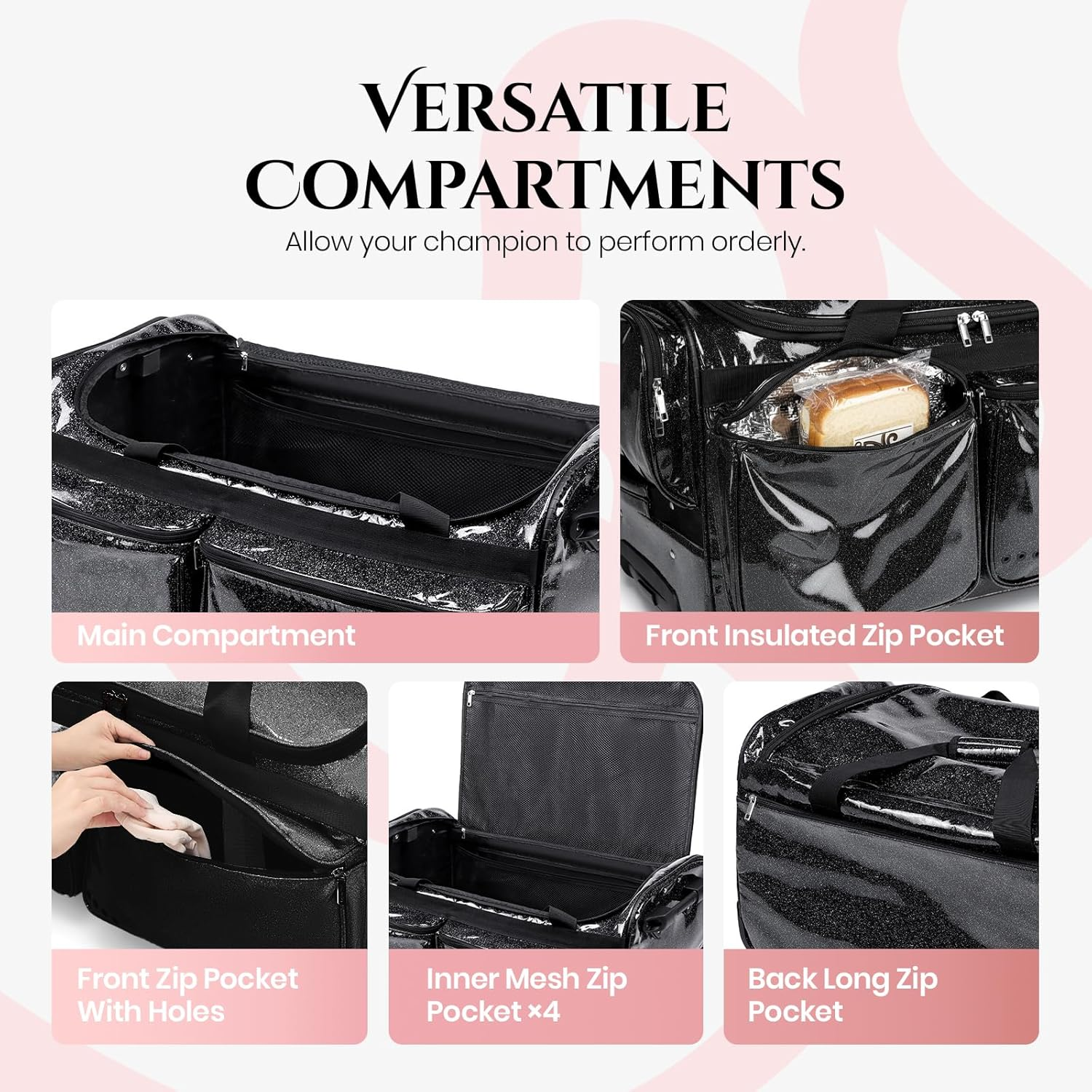 Fanwoli 28" Dance Bag with Garment Rack | Upgraded Stable System & Fabric | More Lightweight & Wear-Resistant | Ideal Competition Rolling Duffle Bag, Black, 28-Inch, Waterproof Sparkling Fabric image number 2