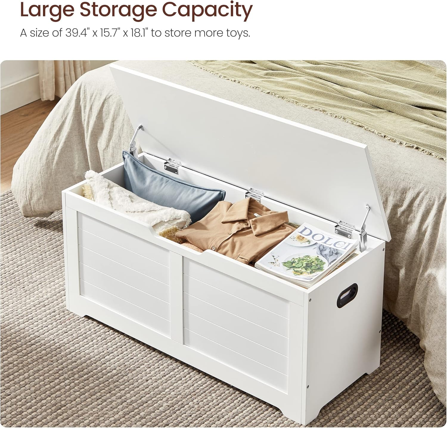 VASAGLE Storage Chest, Storage Bench with 2 Safety Hinges, Farmhouse Style, 15.7 X 39.4 X 18.1 Inches, for Entryway, Bedroom, Living Room, Cloud White ULSB061T10 image number 1