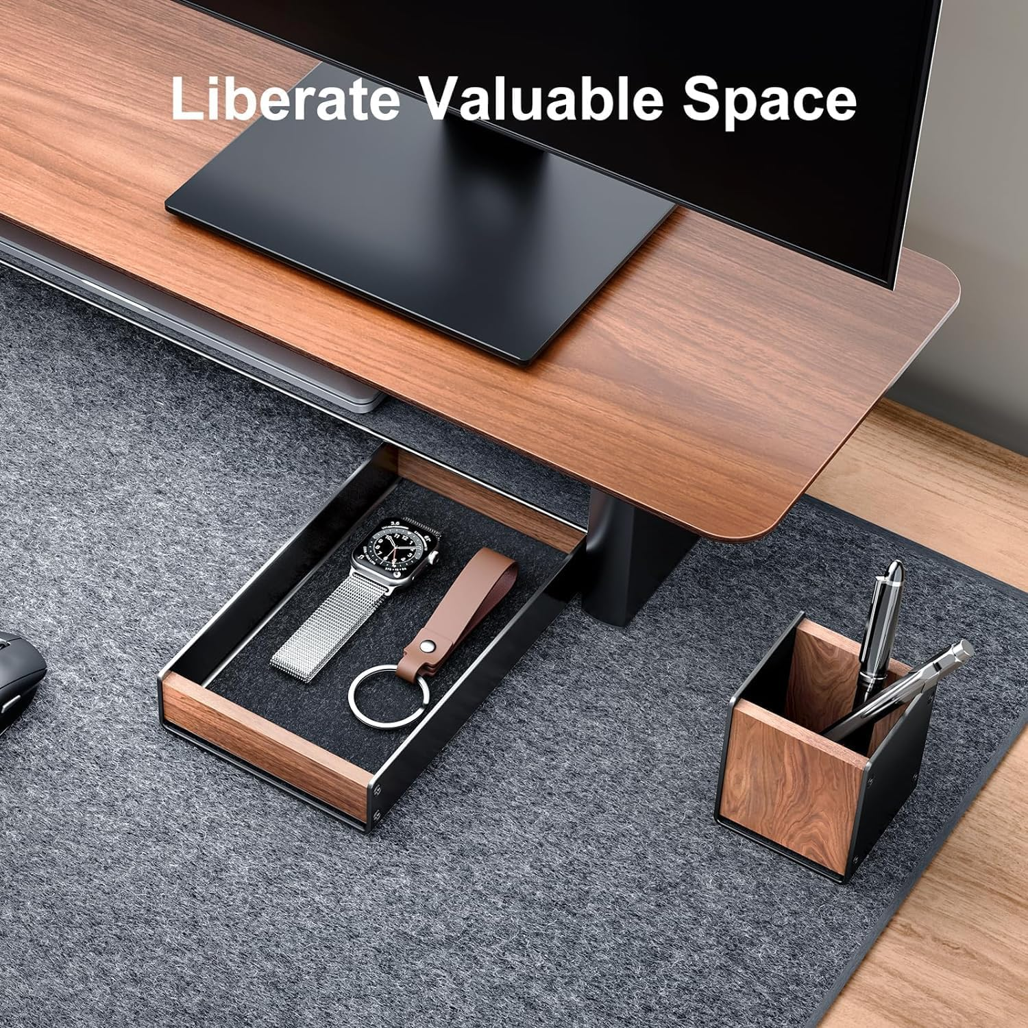 Walnut Wood Desk Tray with Pen Holder Set, Natural Wooden & Aluminium Desk Office Draw Organizer Tray for Keys, Pen, Watch image number 1