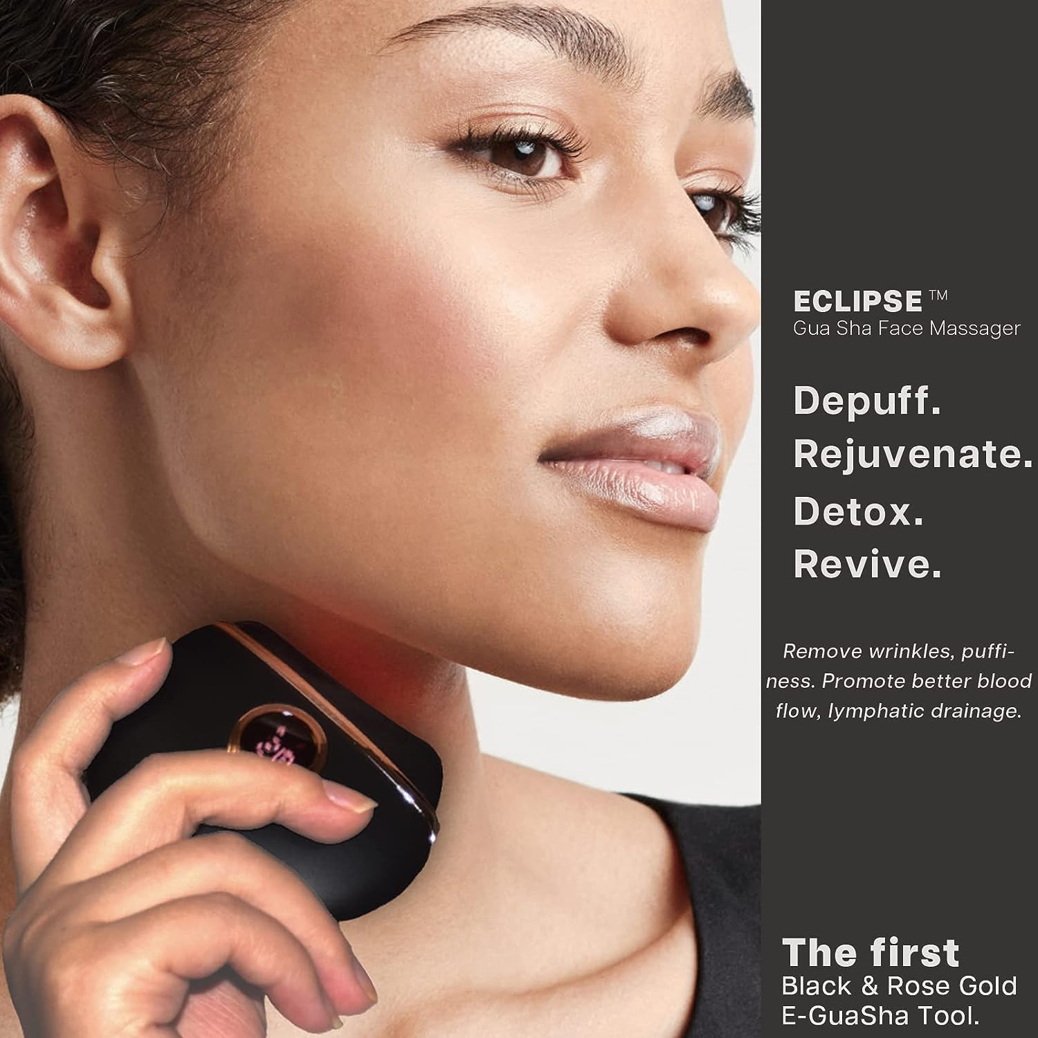 VRAIKO Eclipse Gua Sha Facial Tools, Face Sculpting Tool, Electric Face Massager with Heat & Vibration & 1000Mah Battery, Neck & Face Lift, Wrinkle and Puffiness Reduction & Promote Lymphatic Drainage (Black Gold) image number 1