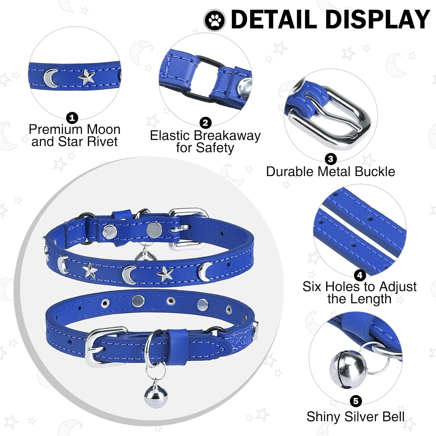 DILLYBUD Leather Cat Collars for Boy Girl Cats with Bell and Safety Elastic Belt, Personalized Star Moon Stud Adjustable Safe Buckle Collar Kitty Small Big Size 8-12 Inch, Blue (DIL-6119600_BLU) image number 6