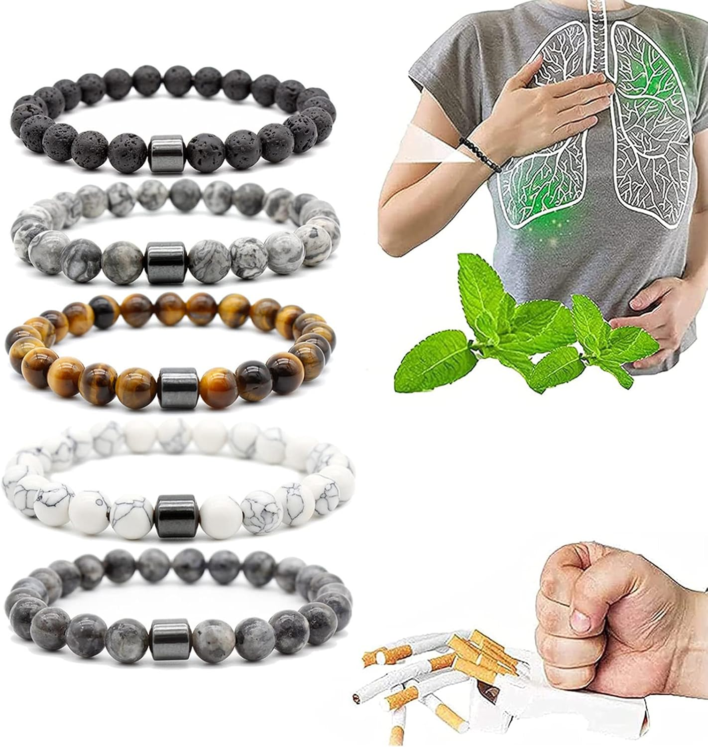 Smoking Cessation Bracelet, Quit Smoking Bracelet , 5PCS anti Anxiety Bracelet for Women Men, anti Smoke Magnetic Therapy Bracelet, Spiritual Bracelet Pain Relief for Weary Muscles & Joints (5Pcs), 宝石 image number 1