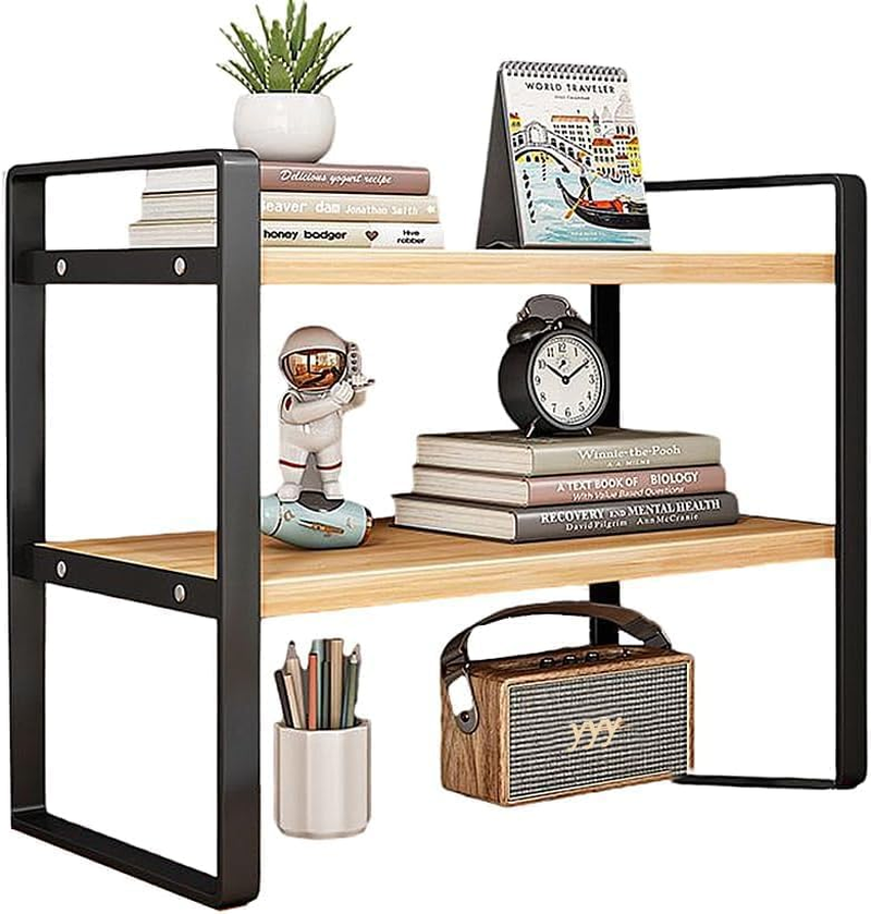 Iron+Wood Student Desktop Clutter Storage Bookshelf, Office Computer Desk Deskt File Organizer Rack 2-Tier Cabinets Shelf (Black, 2-Tier), 014-8