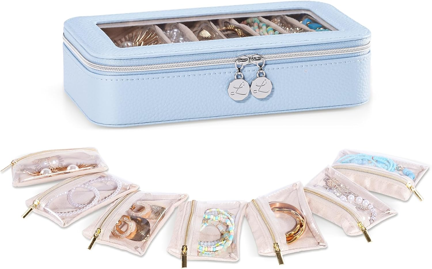 Lolalet 8 in 1 Travel Jewelry Case with Velvet Pouches, Clear Window Travel Jewelry Organizer Bags for Earrings, Bracelets, Necklaces and Rings, Compact Jewelry Storage for Women Girls- Beige, 7Pcs