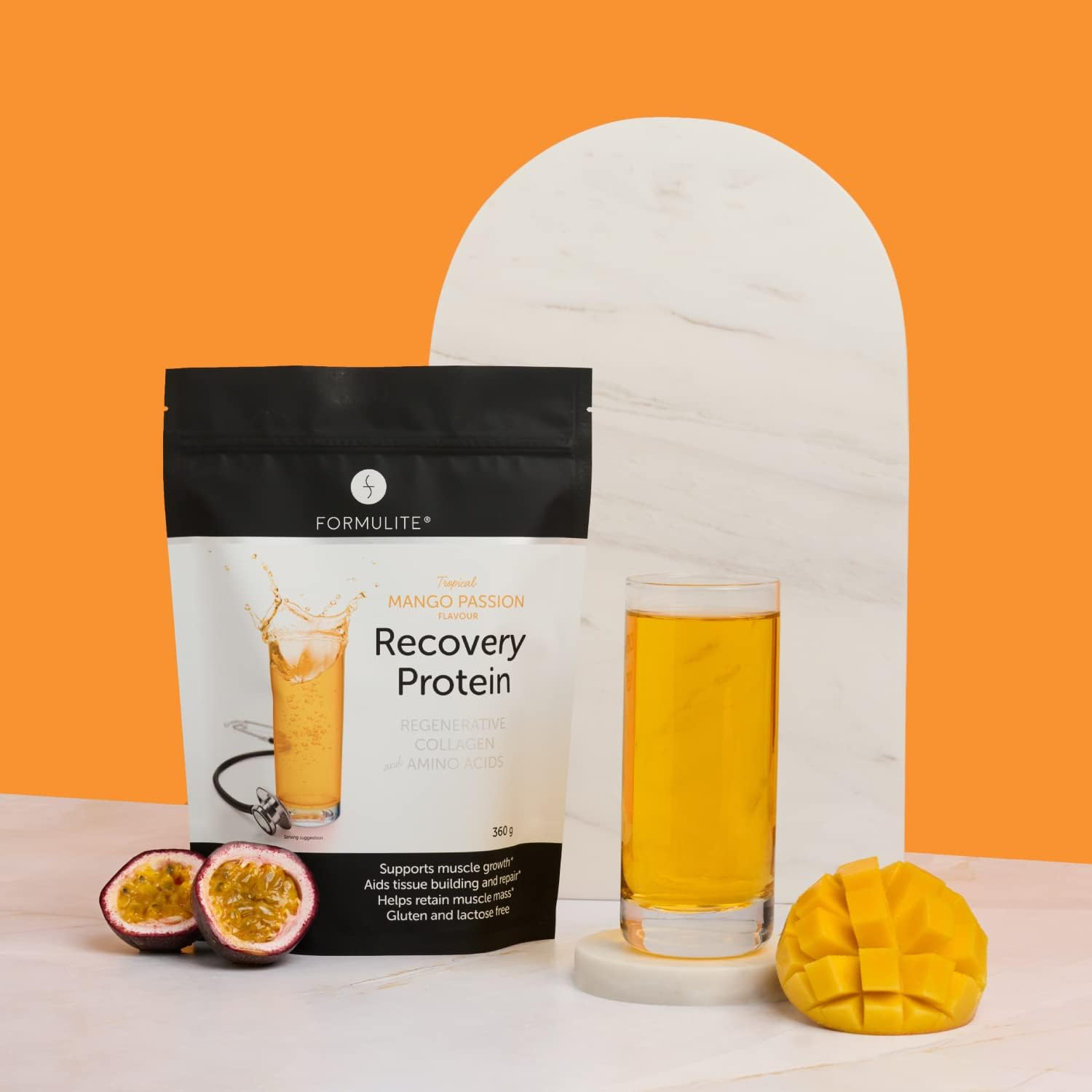 Formulite Recovery Protein Pouch 500G, with Collagen and Amino Acids, High Protein, Low Carb, Low Sugar, Gluten Free, Dairy Free for Men and Women (Mango Passion)