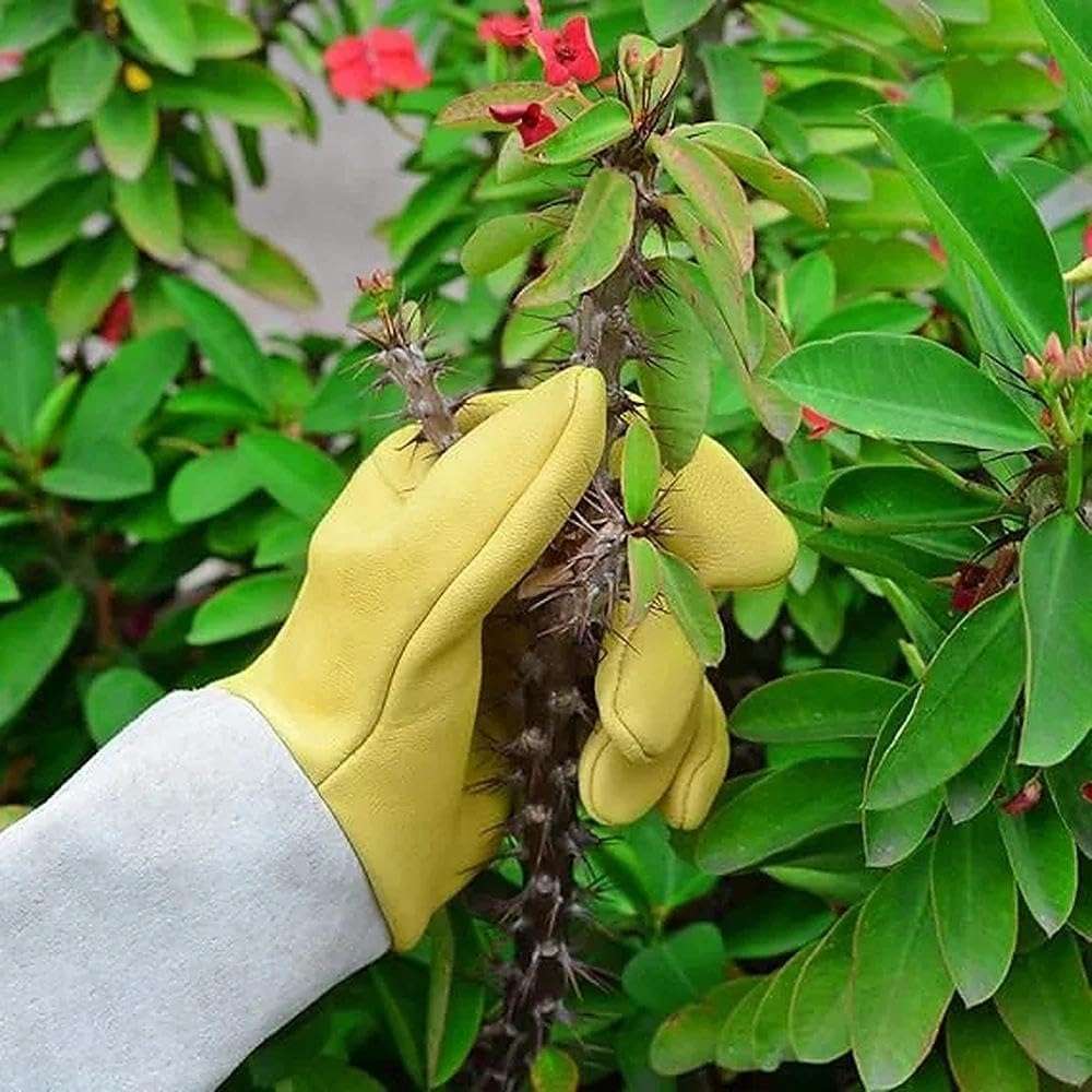 Leather Gardening Gloves for Women and Men Long Thorn Proof Garden Work Gloves Breathable Goatskin Protective Gauntlet Durable Yard Pruning Gloves by Ruibex （L） image number 6