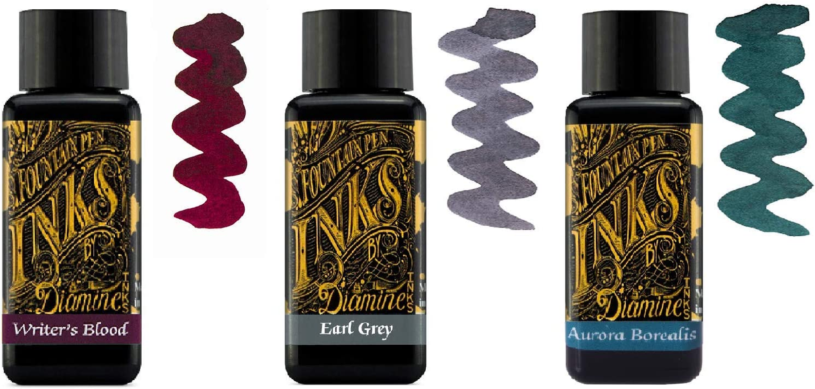 Diamine Fountain Pen Ink 30Ml - 3 X Bottles - Writer'S Blood & Earl Grey & Aurora Borealis, Writer'S Blood, Earl Grey, Aurora Borealis