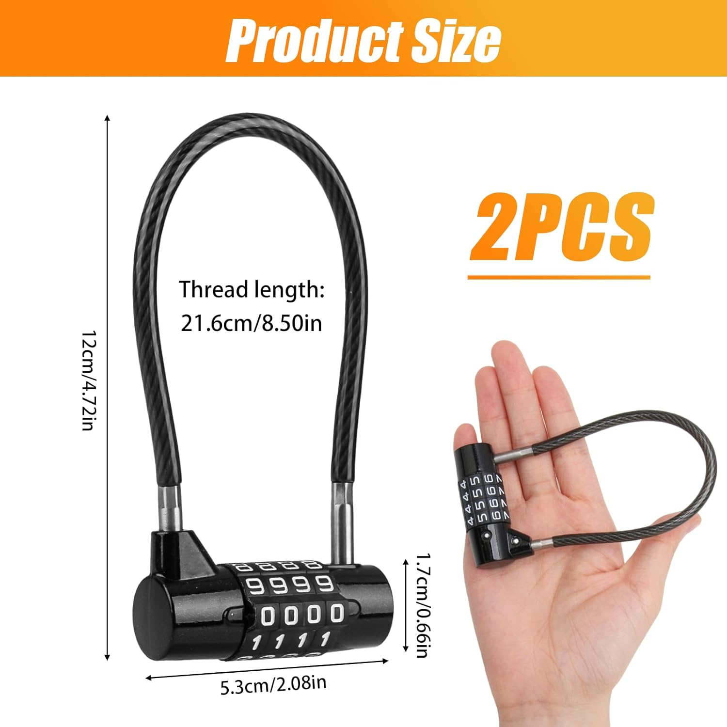 2 Pack 4 Digit Combination Padlock with Steel Cable, Resettable Weatherproof Security Lock for Gym Lockers Cabinets Gates Suitcases & Outdoor Use (Black) image number 2