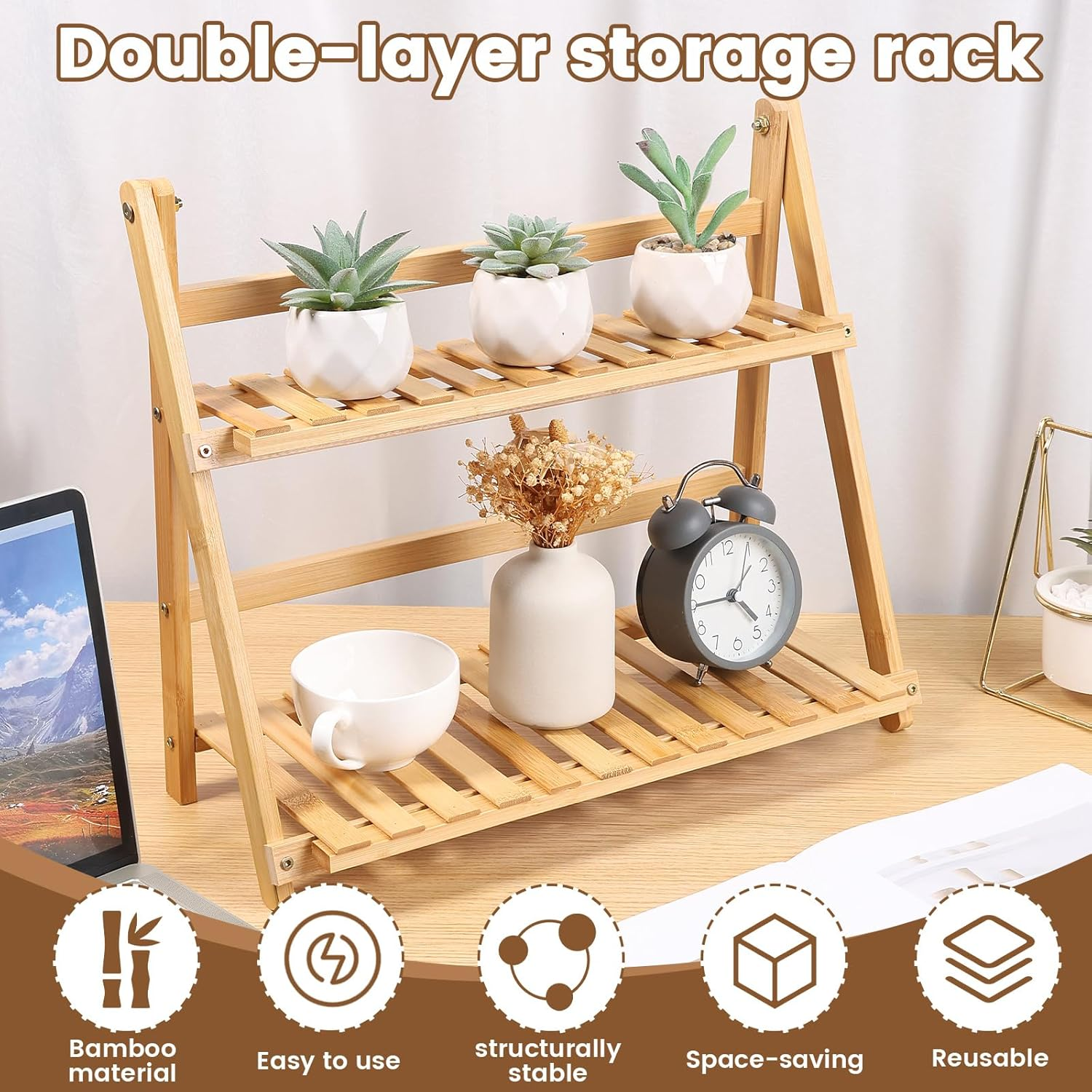 Fwqofvk Coffee Station Organizer for Countertop, Bamboo Kitchen Counter Shelf, 2 Tier Countertop Organizer, Spice Rack for Kitchen, Home, Office (Burlywood) image number 1