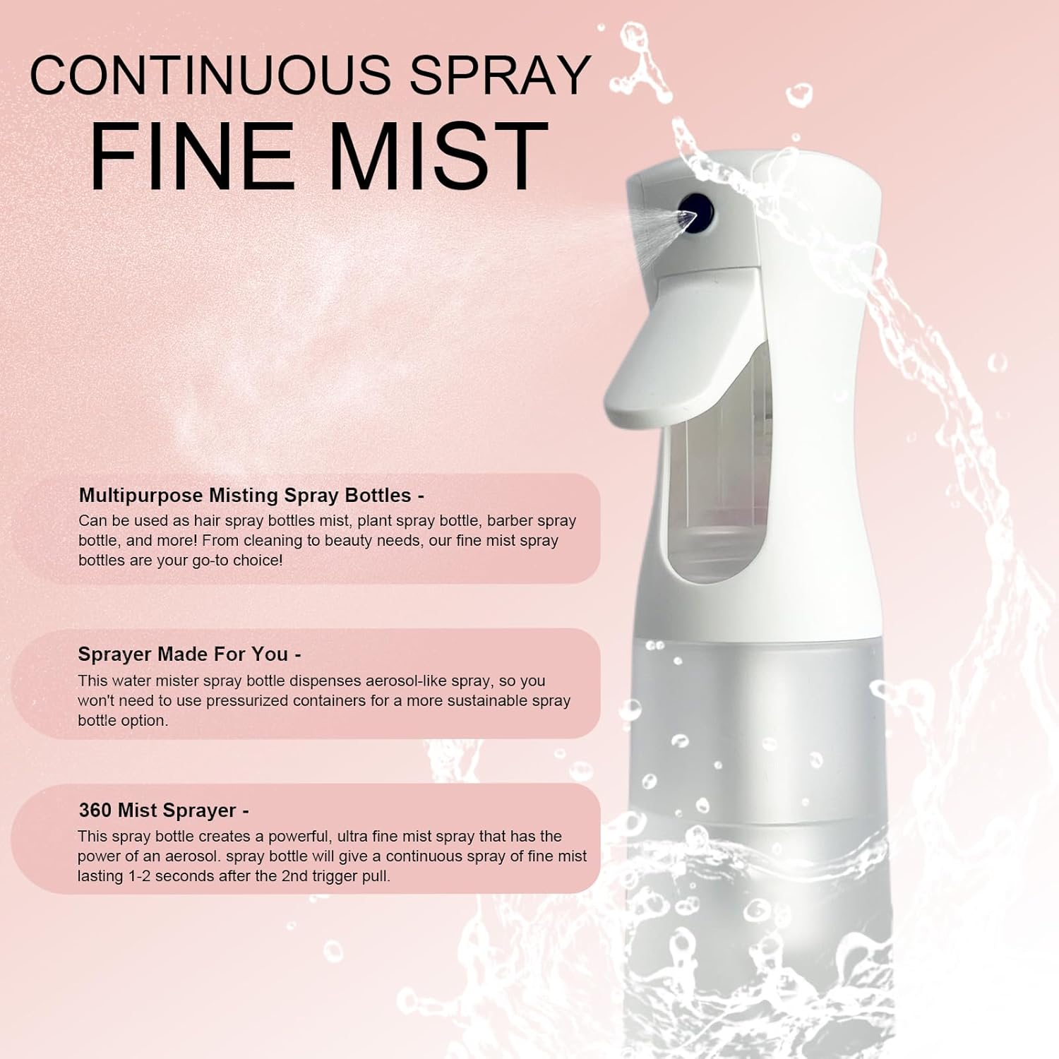 Continuous Spray Bottles - Ultra Fine Mist Sprayer Water Spray Bottle for Hair Mister Spray Bottle | Hair Spray Bottles for Hairstyling, Cleaning, Plants, Salons 200 ML (Matte White) image number 5