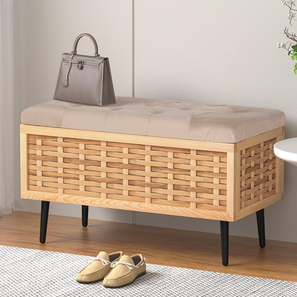 Artiss Wooden Storage Ottoman, Velvet Foot Rest Stool Bench Velvet Padded Seat Blanket Box Chest Bedroom Living Room Indoor, 80 X 40 X 50Cm Foam Fabric Open Lid with Metal Legs image number 3