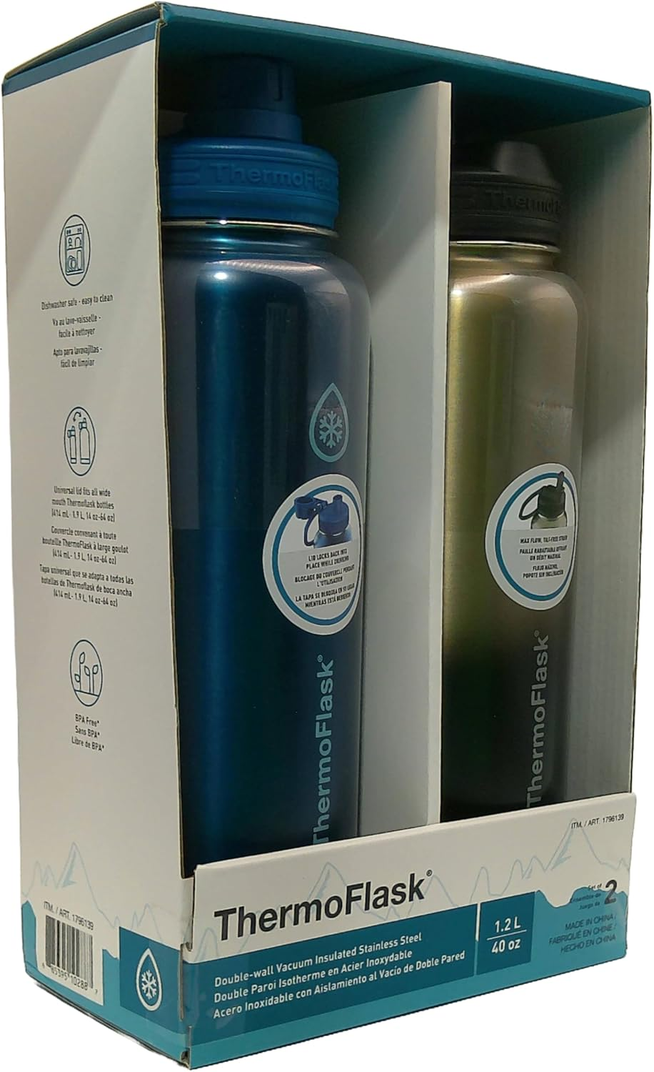 Thermoflask Stainless Steel Water Bottle, 40 Oz, 2-Pack (Silver/Blue Brushed) image number 5