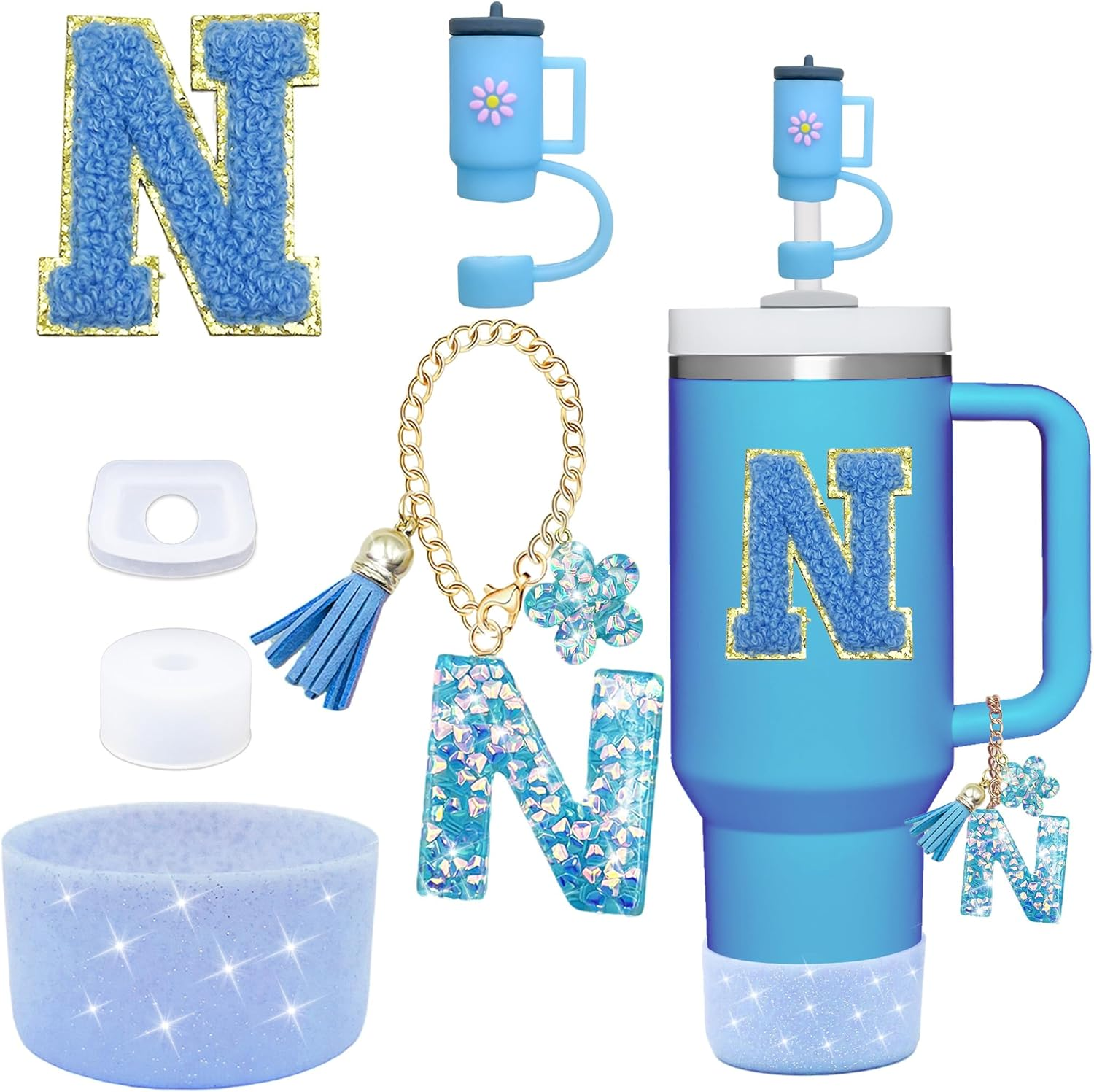 6PCS Cup Accessories Set for Stanley Cup 30Oz 40Oz Tumbler with Handle, Including Silicone Straw Topper Cover Cap and Boot, Spill Proof Stopper, Handle Charm, Initials Sticker(Blue J) - Blue B image number 5