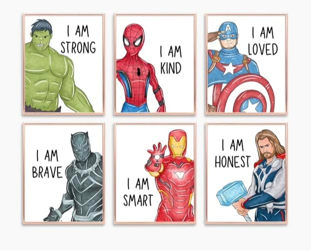 Shophaven Superheroes Art Print Set of 6, &lsquo;I AM&rsquo; Affirmations, Boys Bedroom D&eacute;cor, Kids Wall Art, Iron Man, Hulk, Spiderman, Thor, Black Panther and Captain America, Superheroes (11X14) image number 3