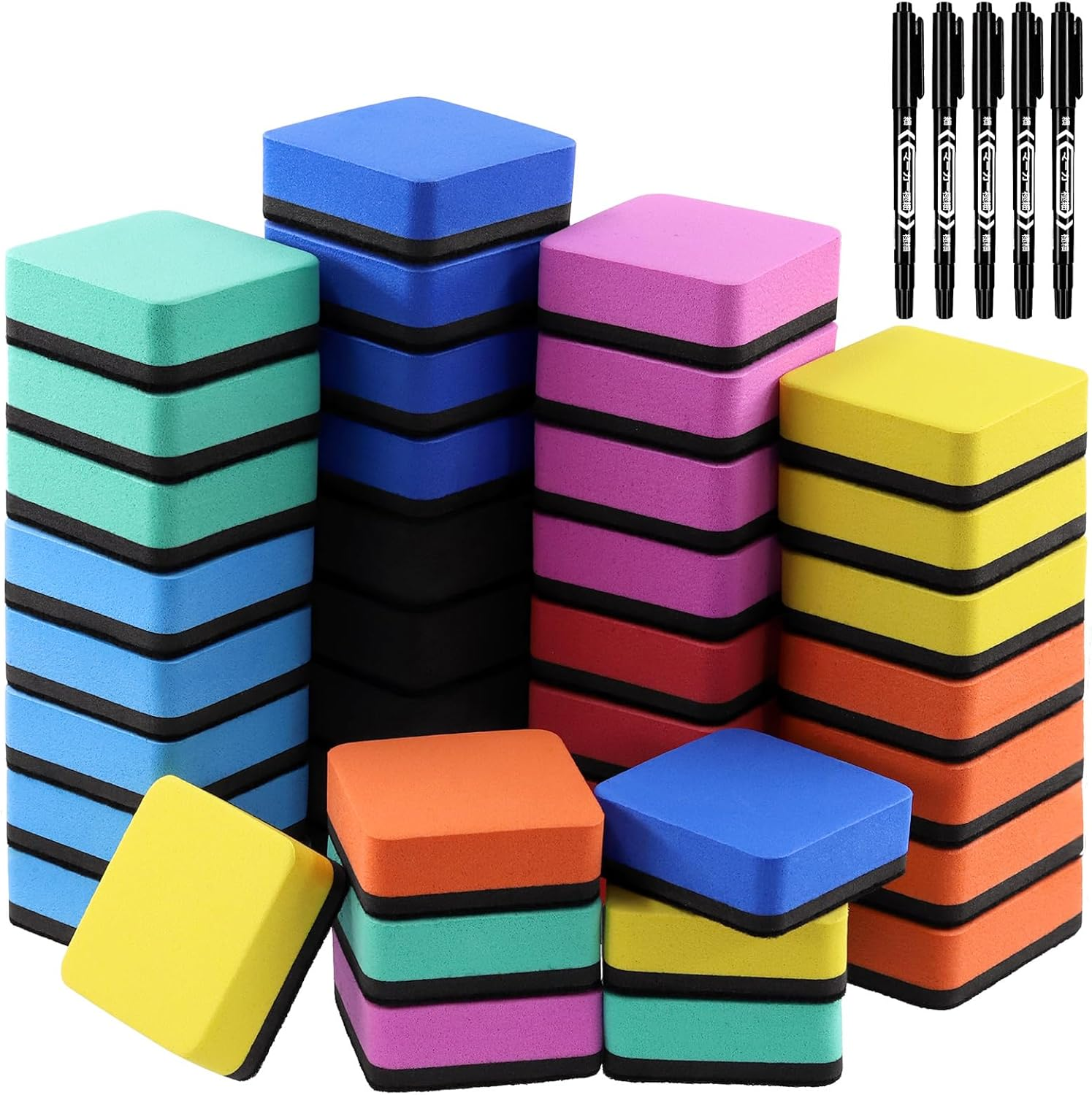 Tanstic 45Pcs Dry Erase Erasers with Dry Erase Markers Assortment Kit, Magnetic Whiteboard Eraser, Chalkboard Eraser Dry Eraser for Classroom Home Office(8 Colors, 2 X 2 X 0.78 Inch) image number 1