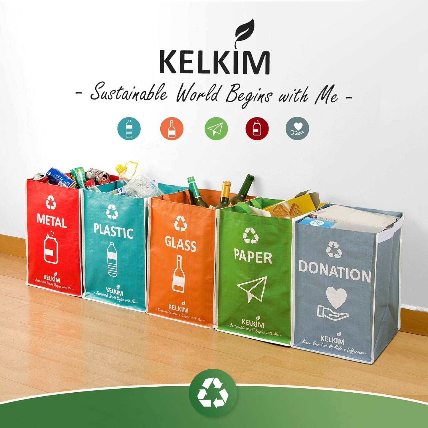 KELKIM Recycling Bin Bags & Donation Bag for Home Kitchen Office/Portable Indoor Recycle Waste Organizer/Waterproof Garbage Containers/Separate Recyclable Trash Sorting Bin/Big Size 5 Bags Set image number 6