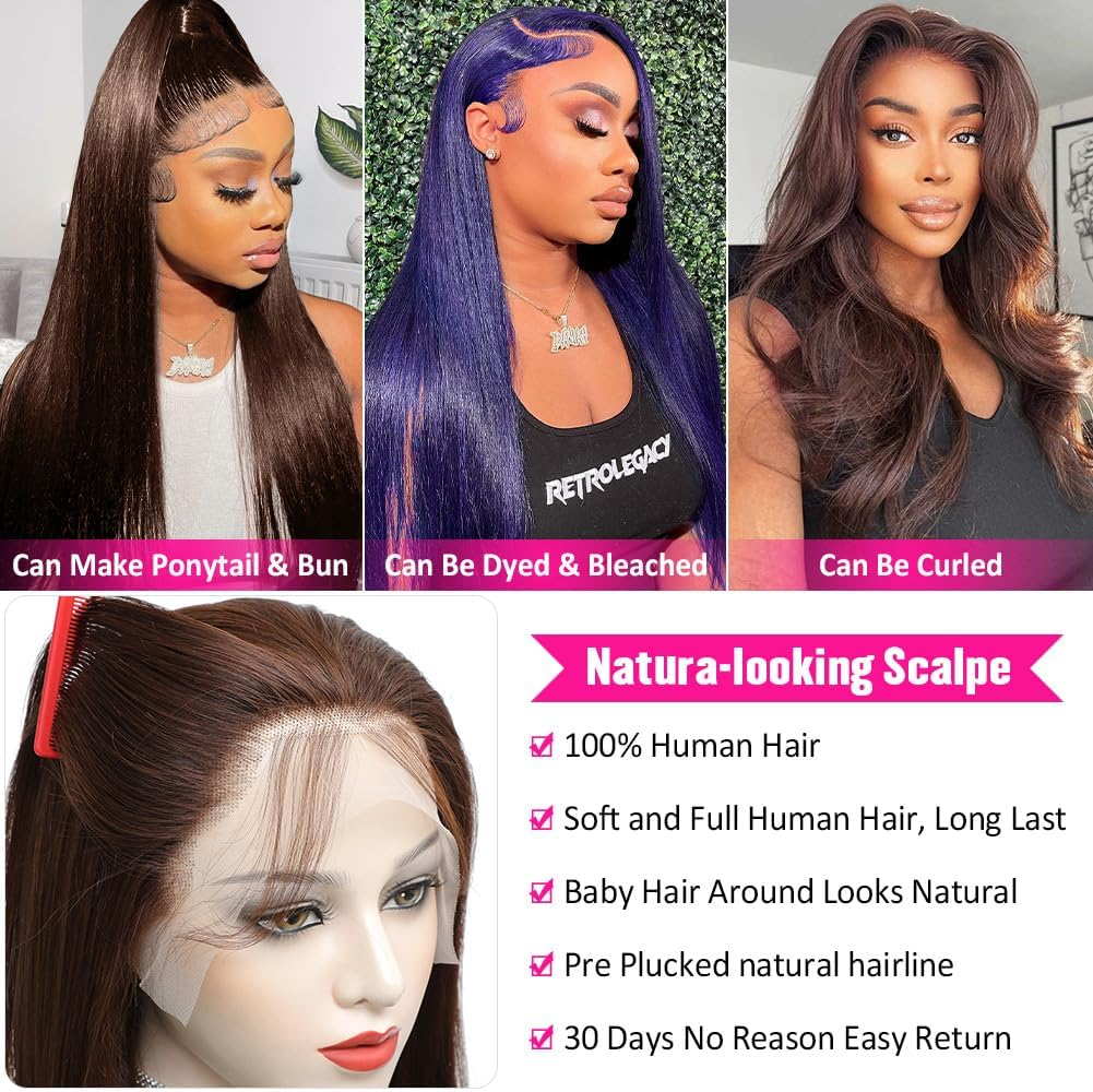 Hermosa 13X4 Brown Lace Front Wigs Human Hair with Baby Hair 180 Density Hd Straight Lace Frontal Human Hair Wigs Pre Plucked Hairline 4# Brown Wig 24 Inch image number 2