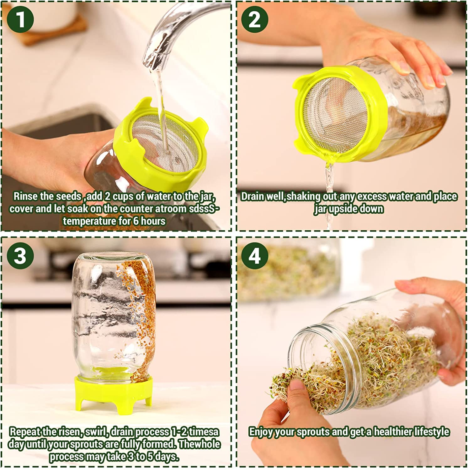 Sprouting Lids, Plastic Sprout Lid with Stainless Steel Screen for Wide Mouth Mason Jars, Germination Kit Sprouter Sprout Maker with Stand Water Tray Grow Bean Sprouts, Broccoli Seeds, Alfalfa, Salad